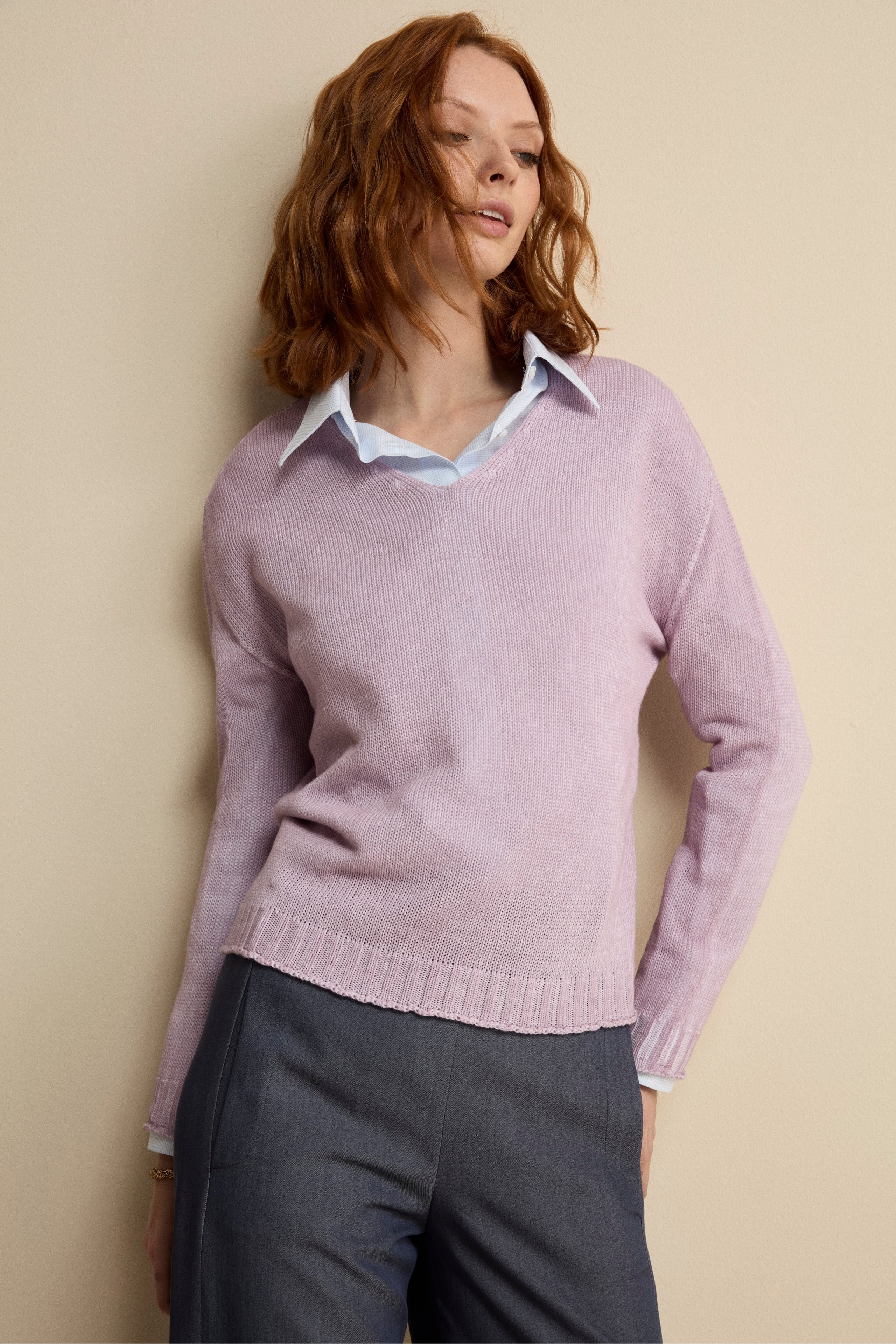 Maglia Morbida Scollo a V in Cotone - LILLA