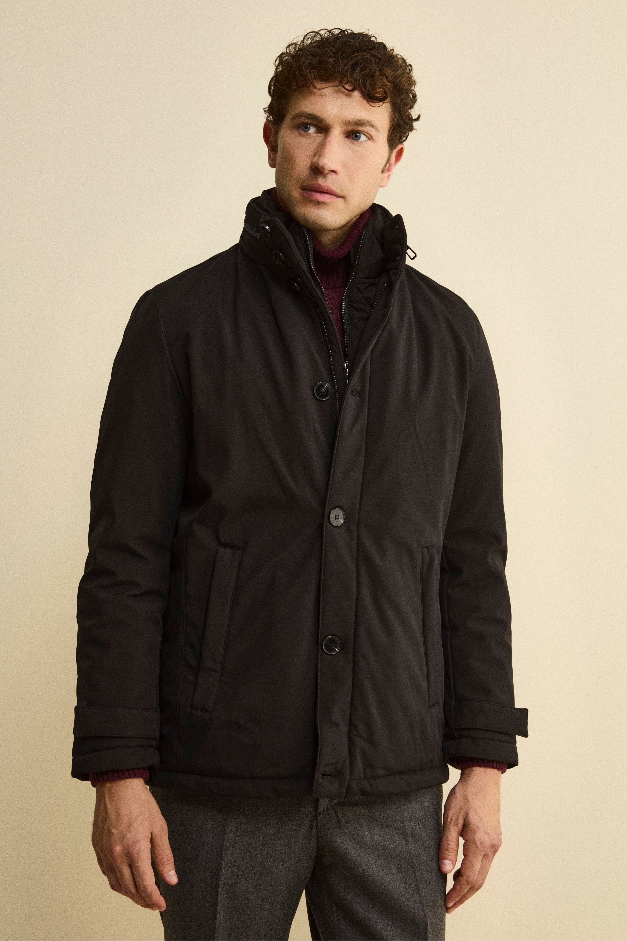 Winter Coat with Removable Bib and Detachable Hood - BLACK