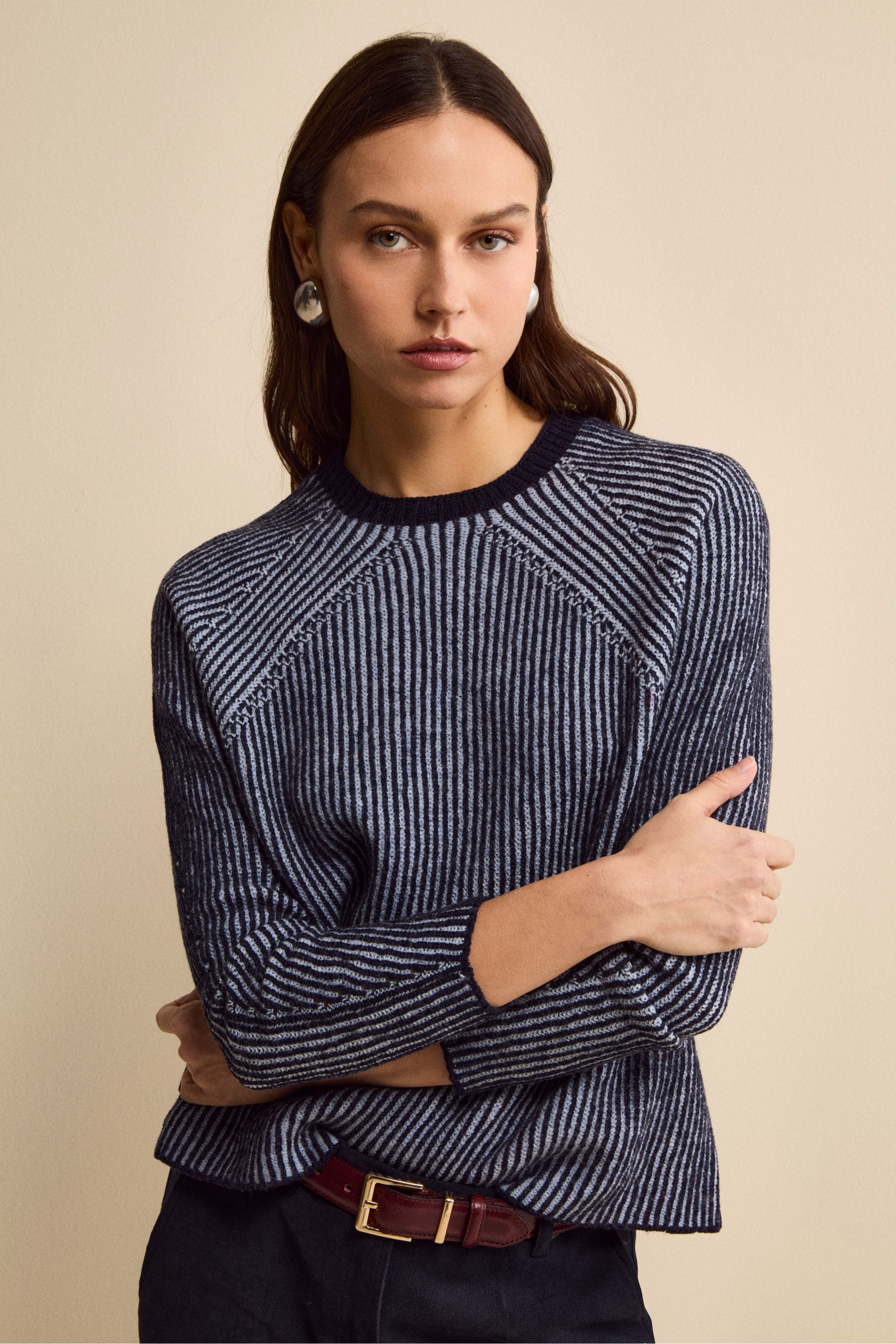 Patterned Merino Wool Sweater (English Rib) - Blue pattern