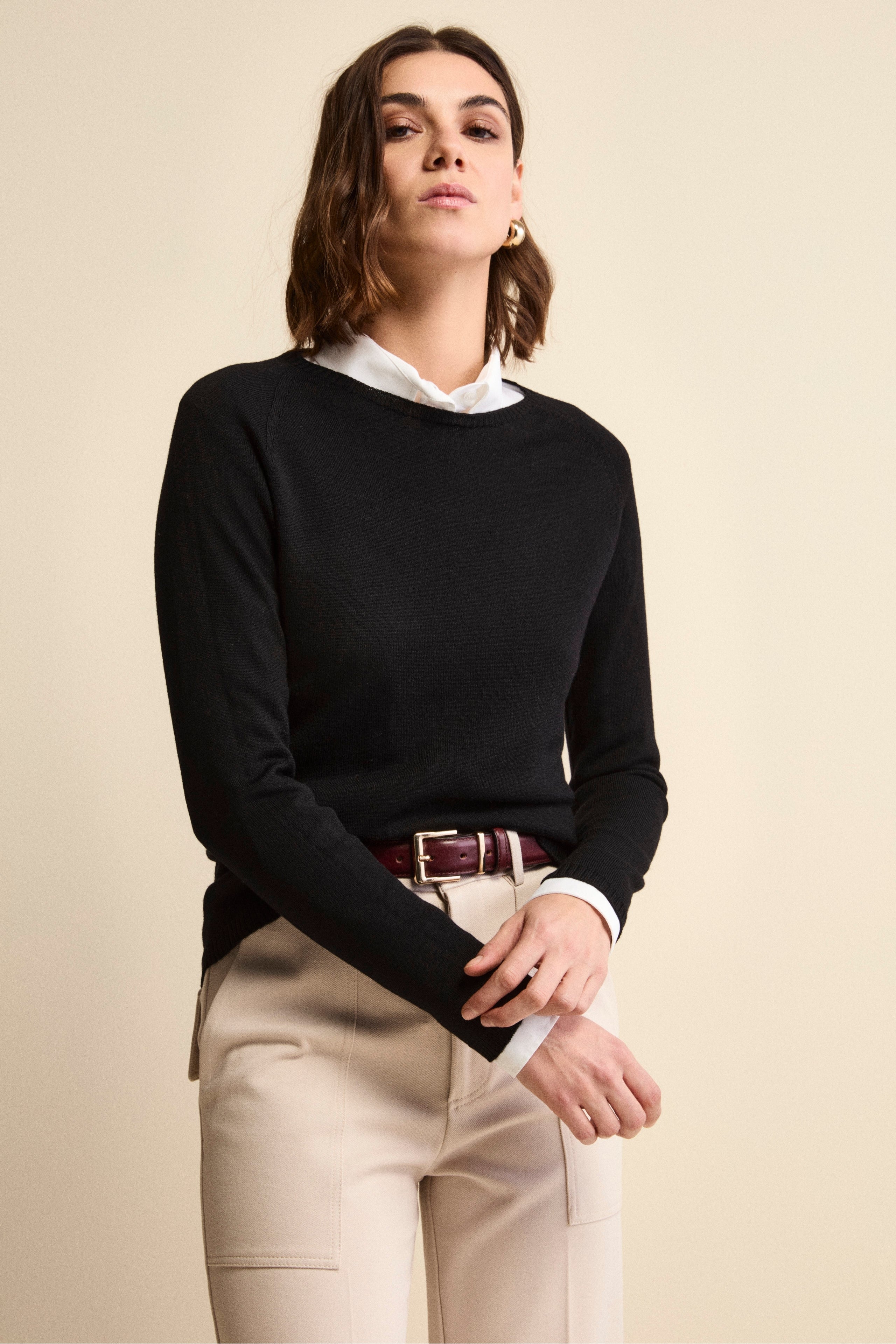 Merino Wool Crewneck with Ribbed Edges - BLACK