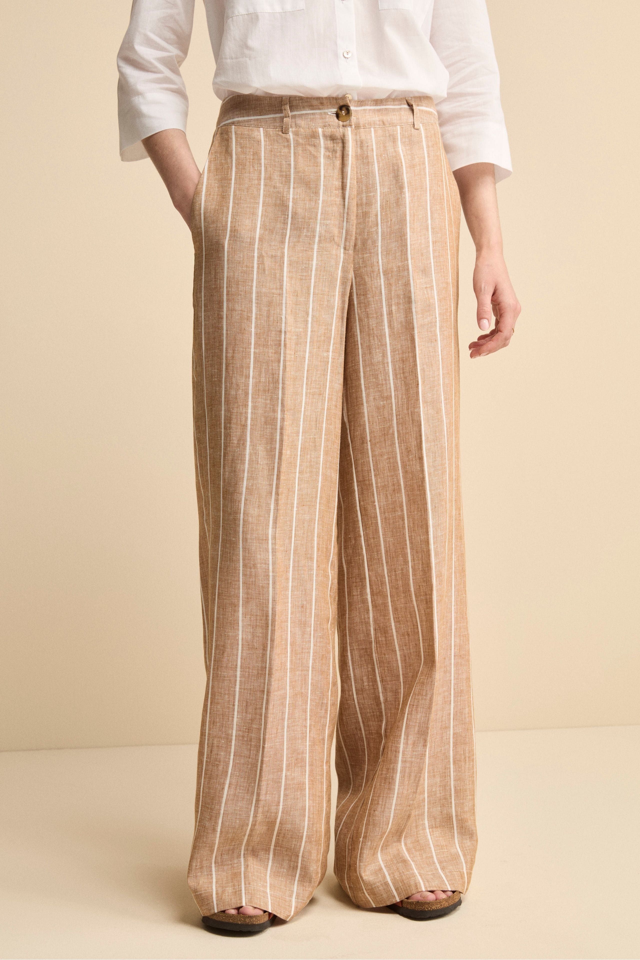 Pantalone Morbido Gessato in Lino - MARRONE RIGATO