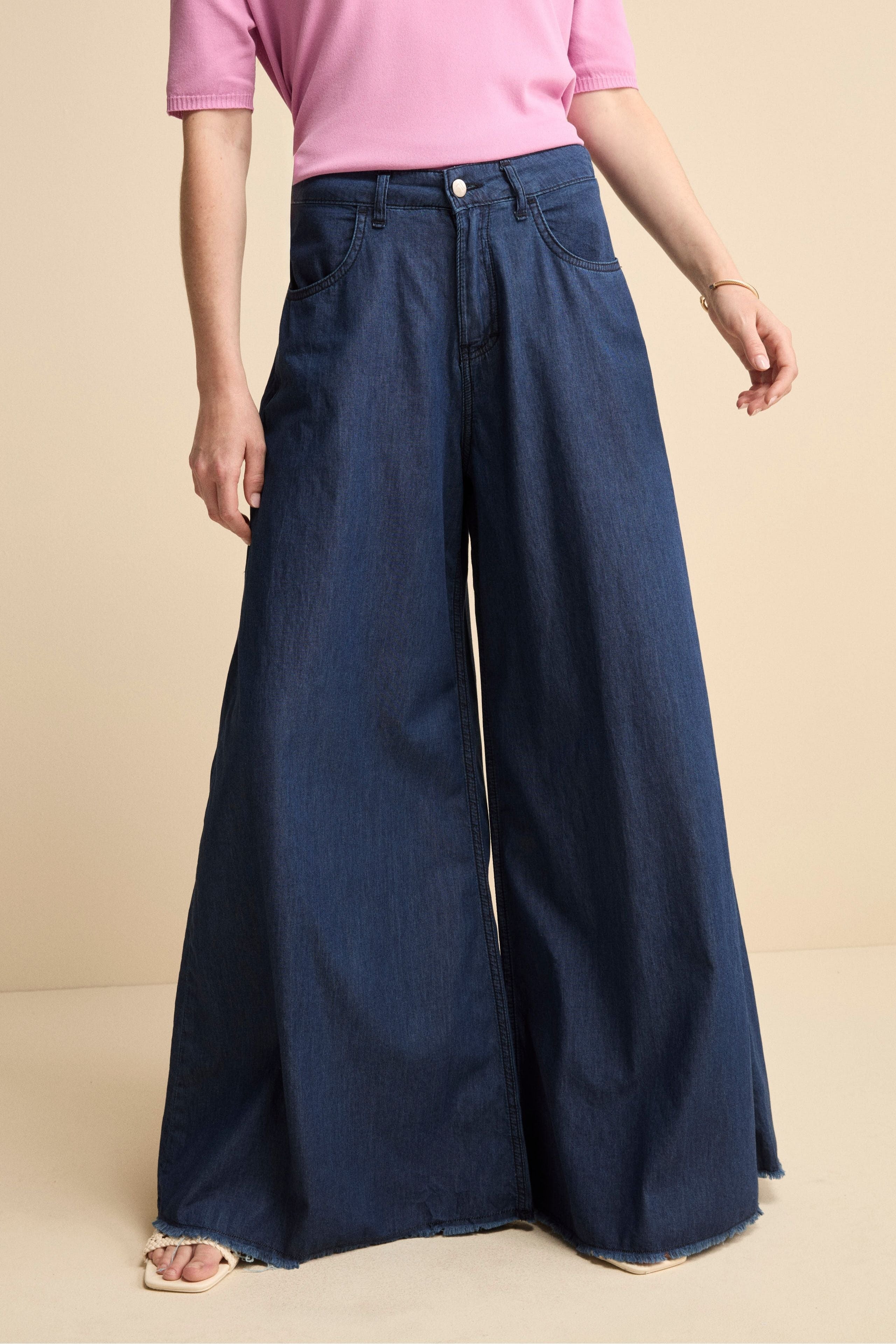 Pantalone Gamba Larga in Cotone Chambray - DENIM