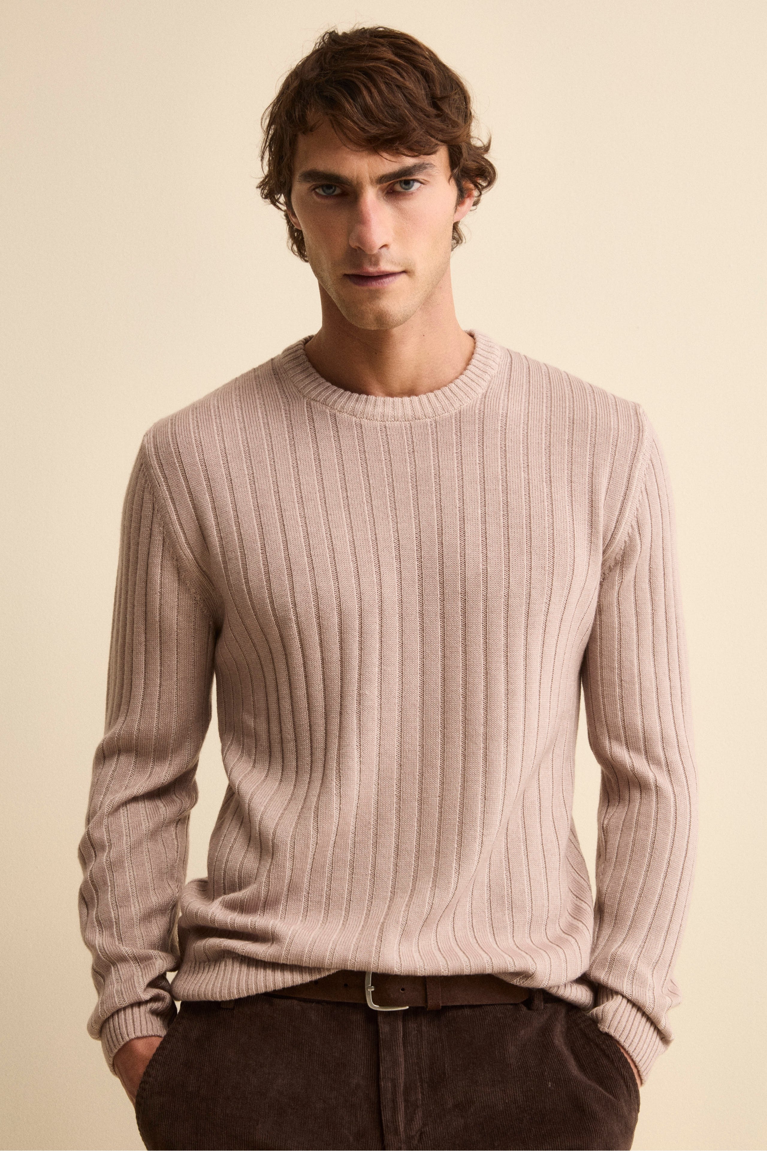 Ribbed Crew Neck in Merino Wool - -