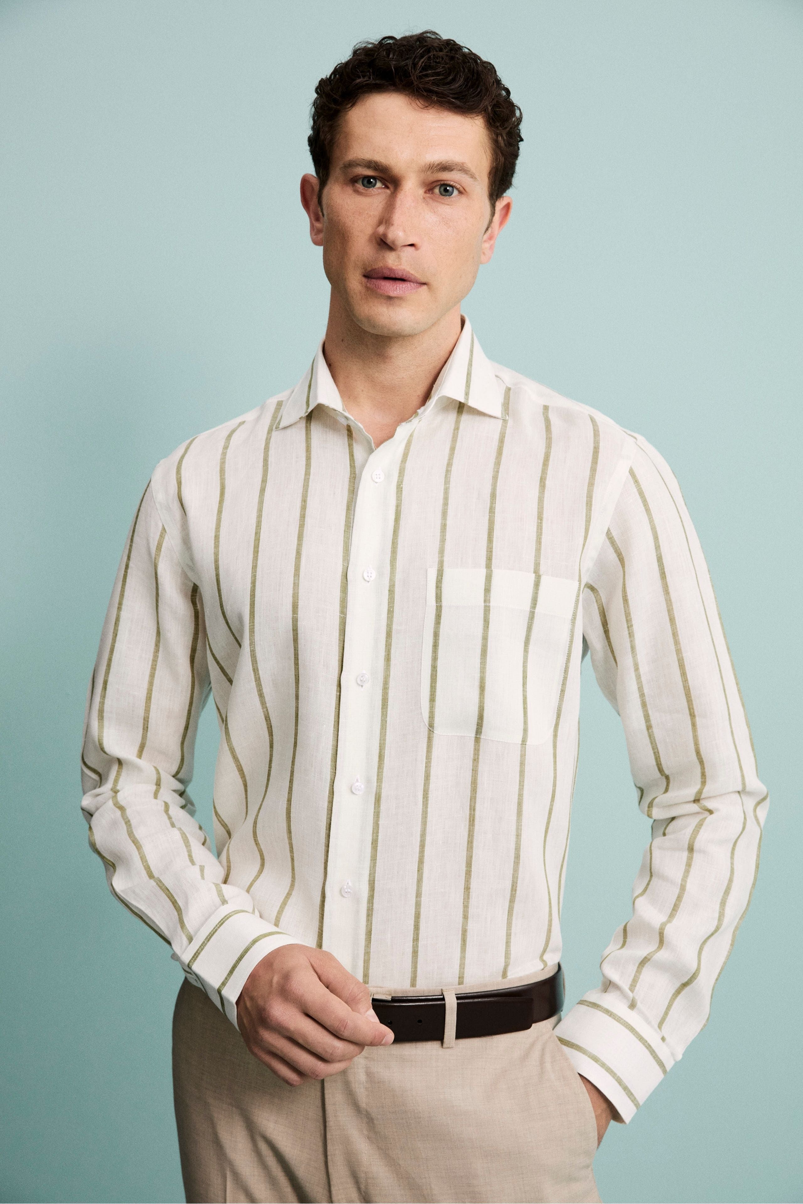 Camicia Lino Collo Francese con Taschino - RIGATO BIANCO/VERDE