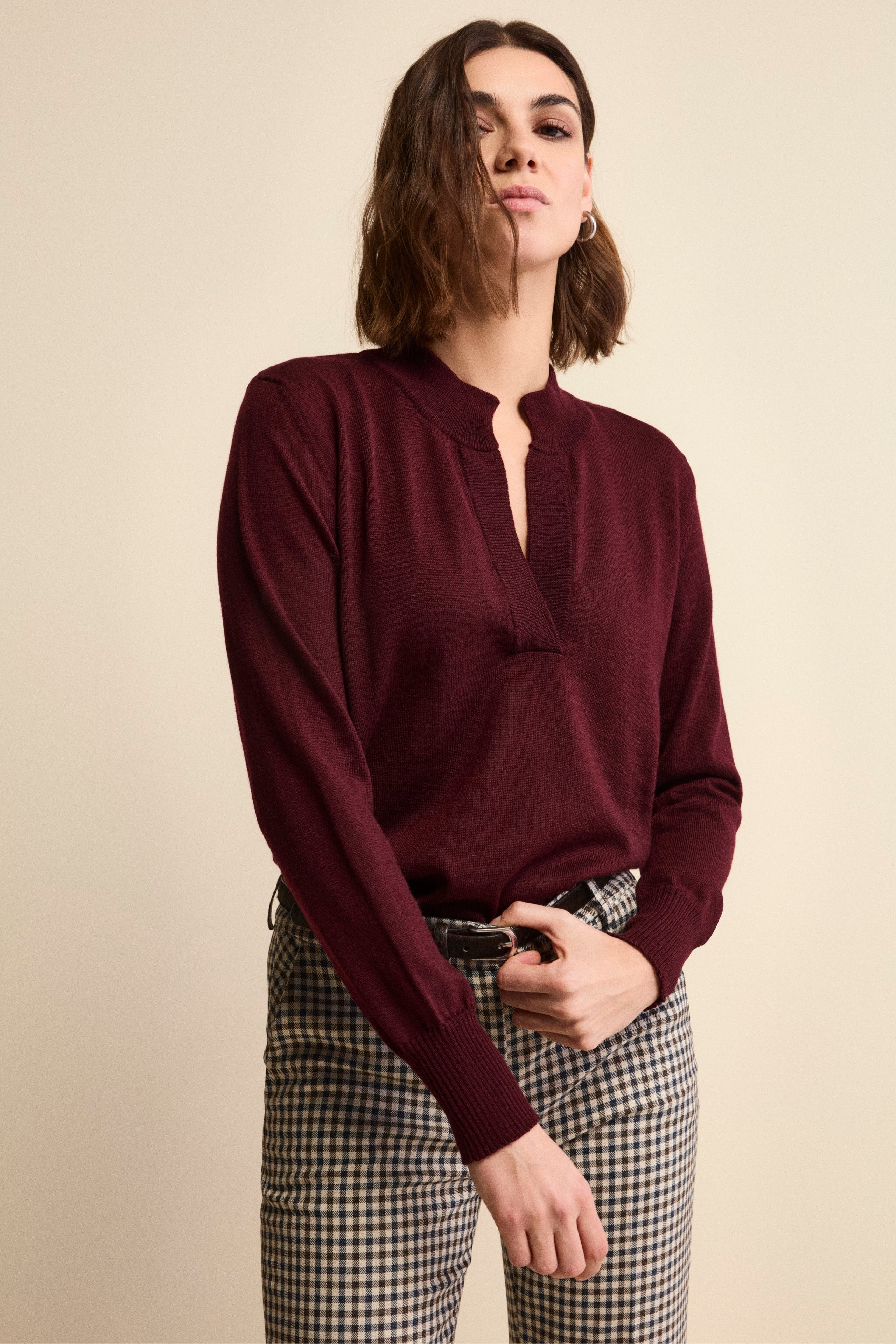 Merino Wool Henley Sweater - Burgundy