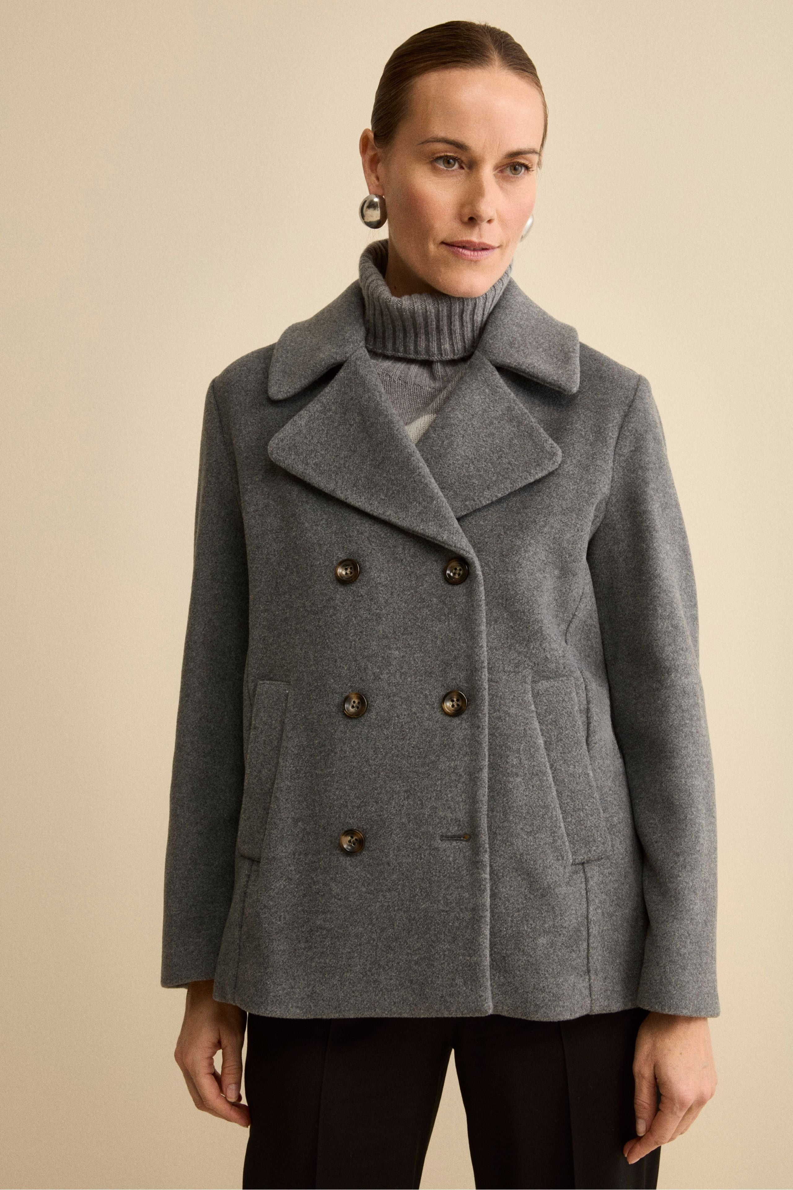 Double-Breasted Wool-Blend Peacoat with Martingale Back Belt - GREY