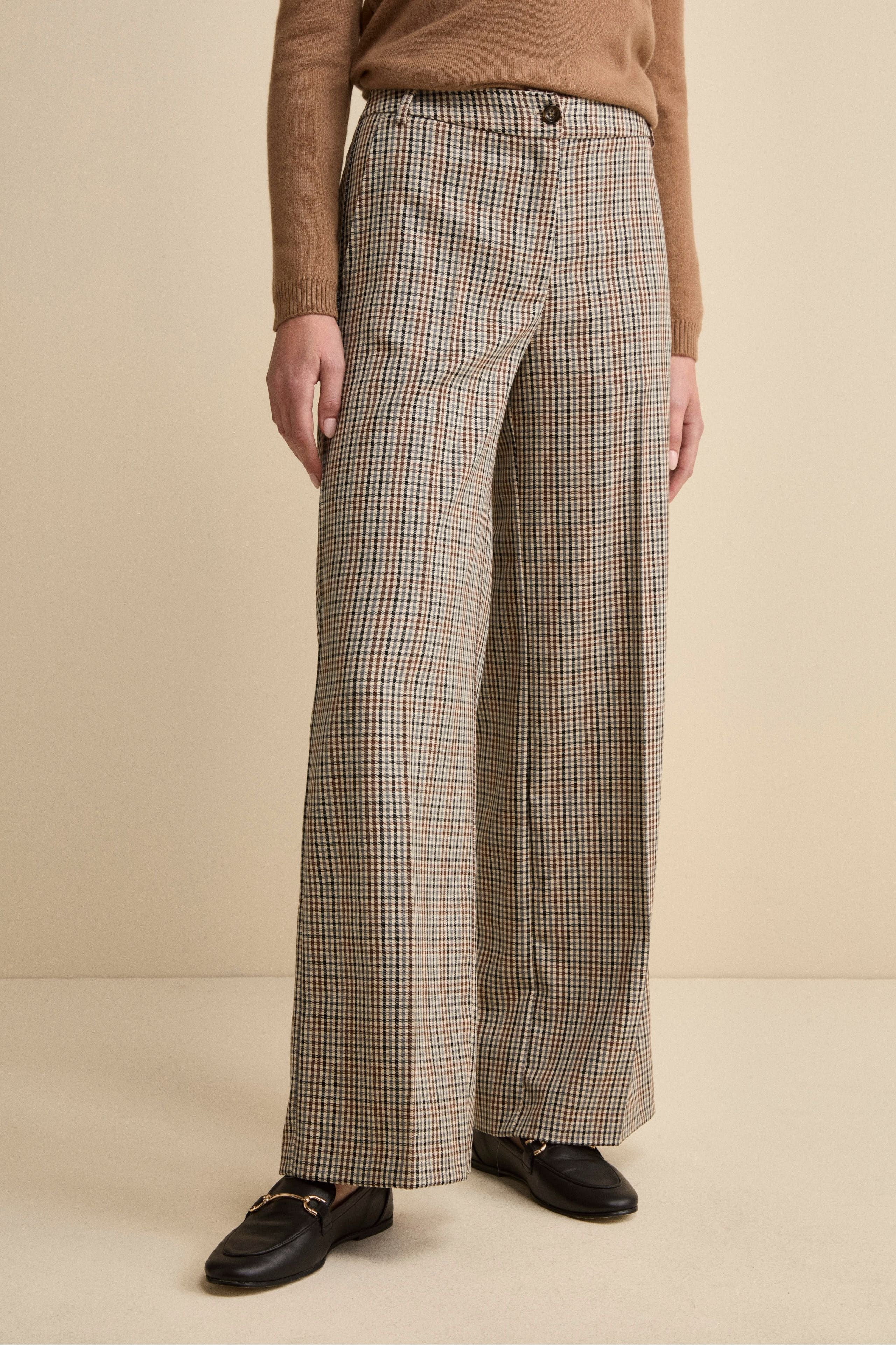 Wide-Leg Checked Trousers - Beige check