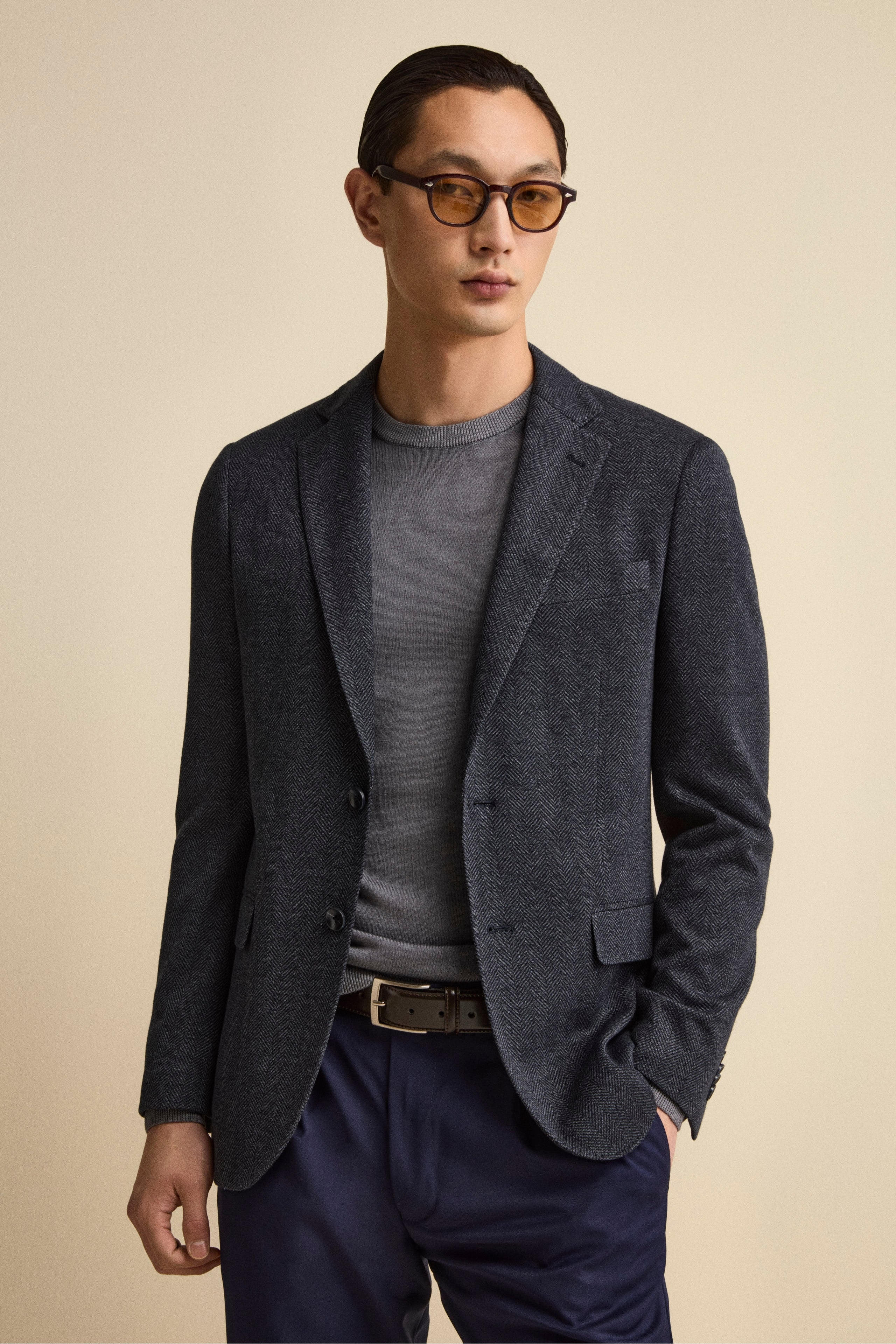 Single-Breasted Regular Fit Jacket with Notch Lapels - Navy blue