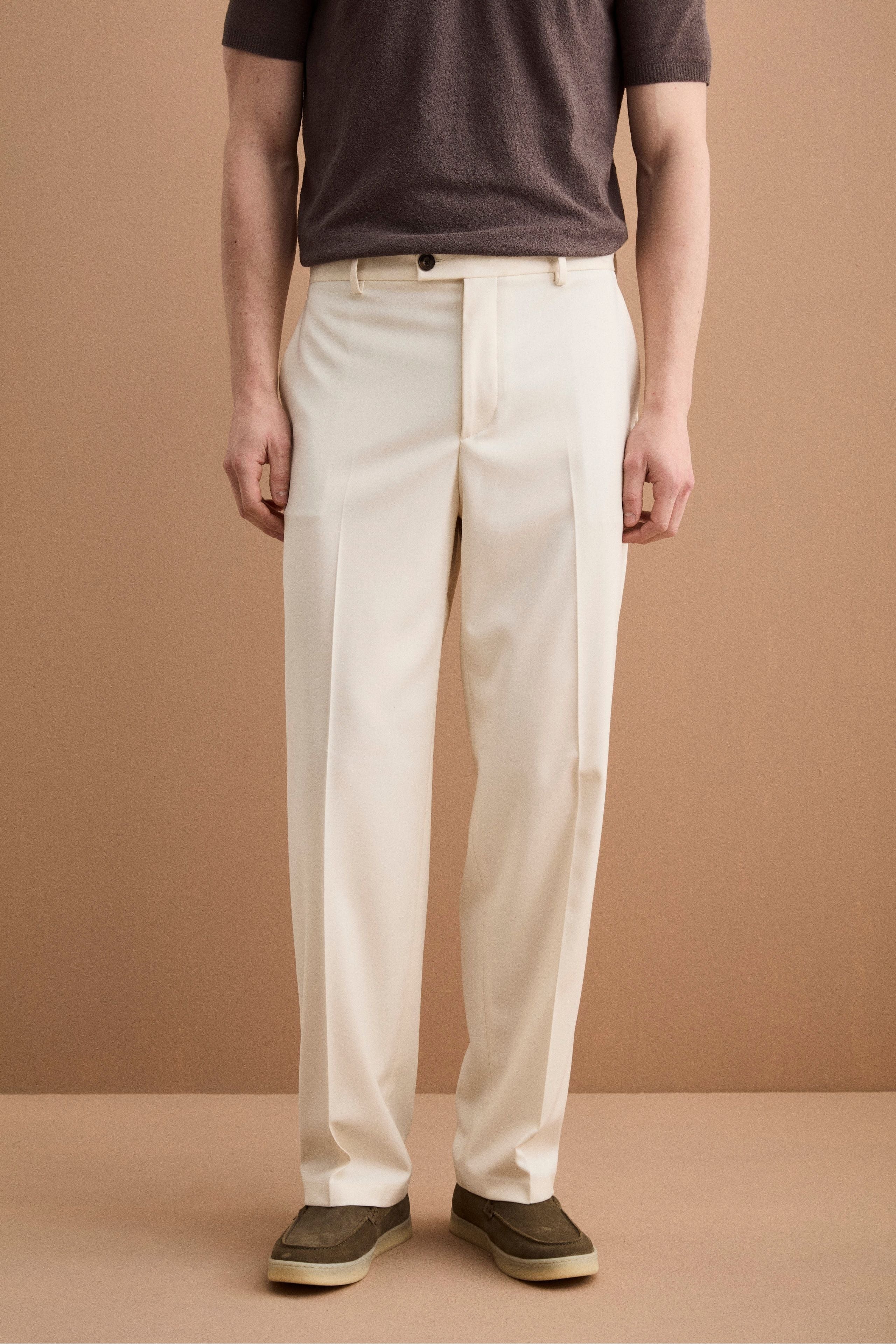 Pantalone Gamba Larga in Misto Lana con Piega - LATTE