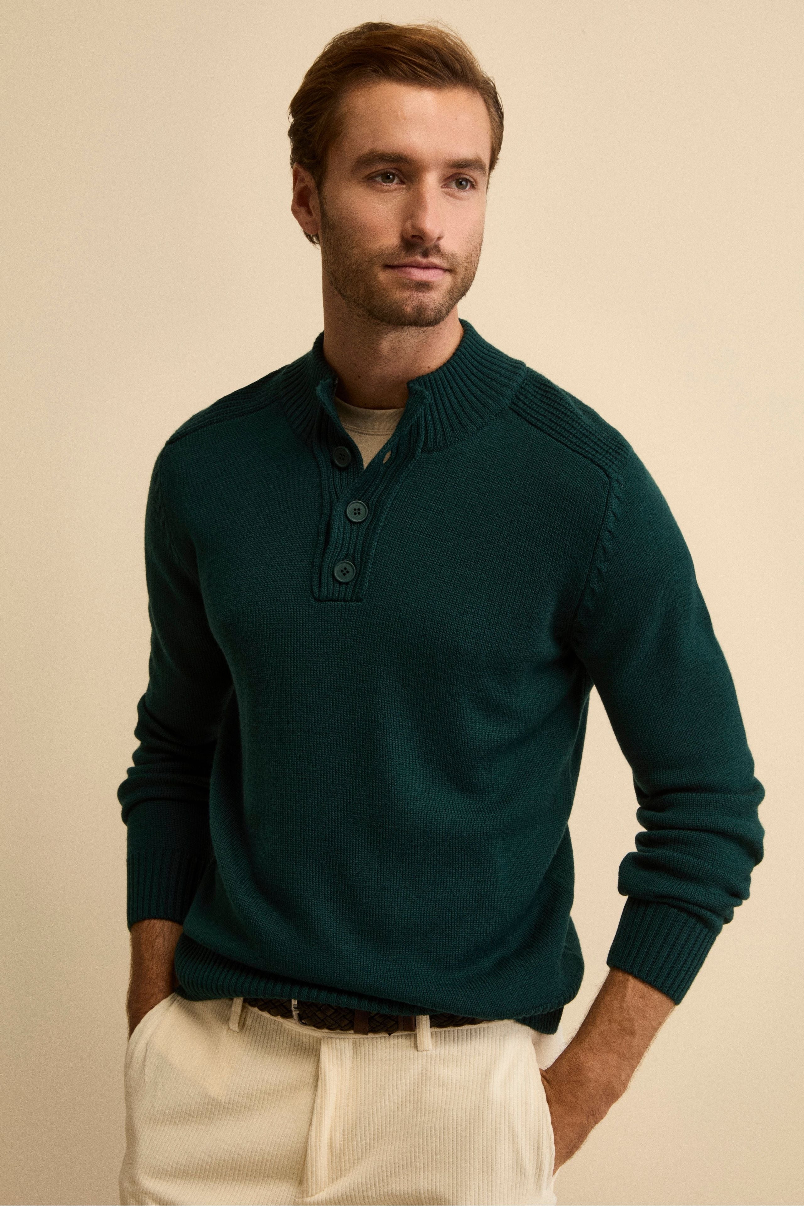 Buttoned Mock Neck in Mouline Virgin Wool - GREEN