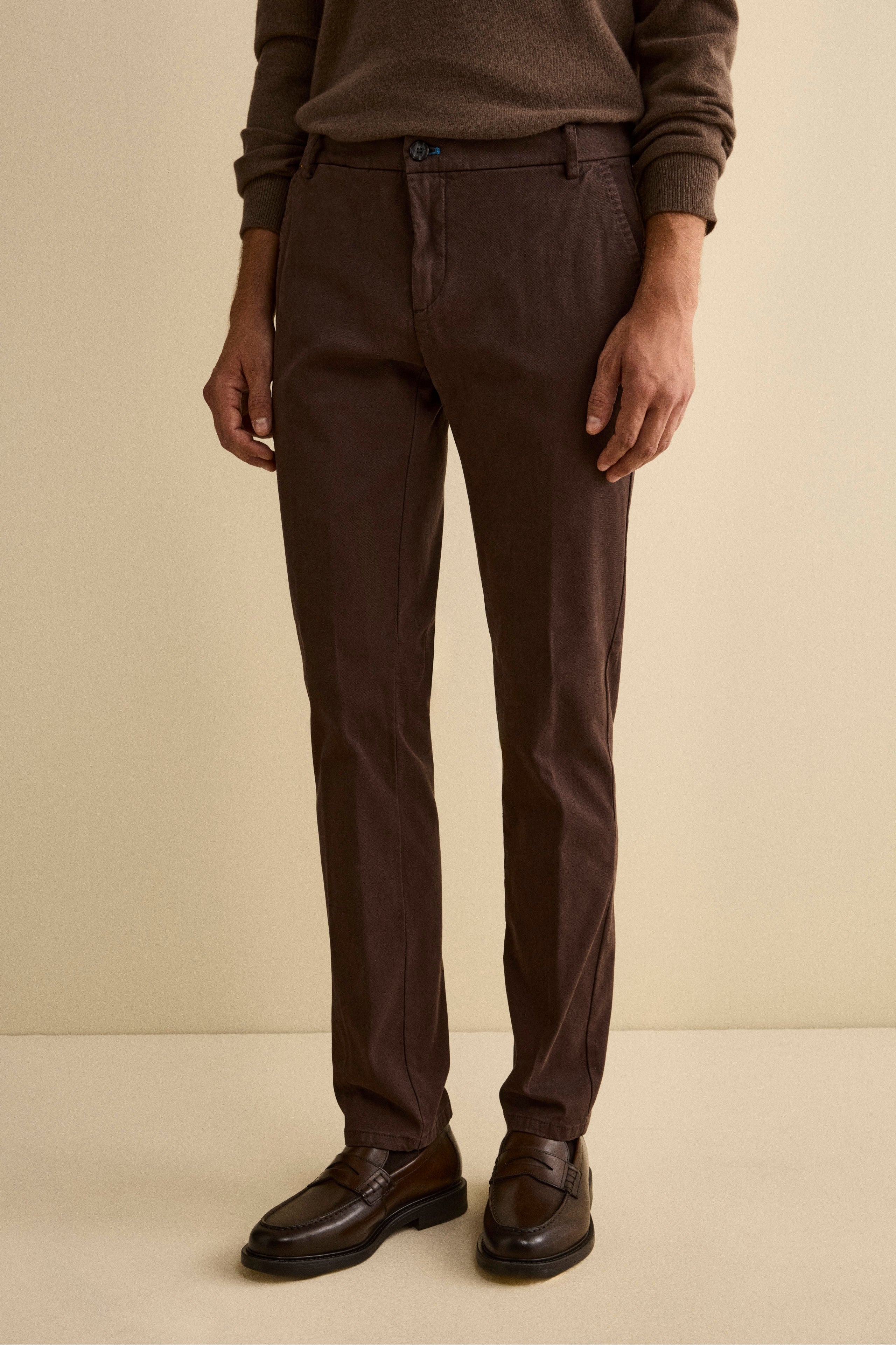 Stretch Cotton Canvas Slim Fit Trousers - Dark brown