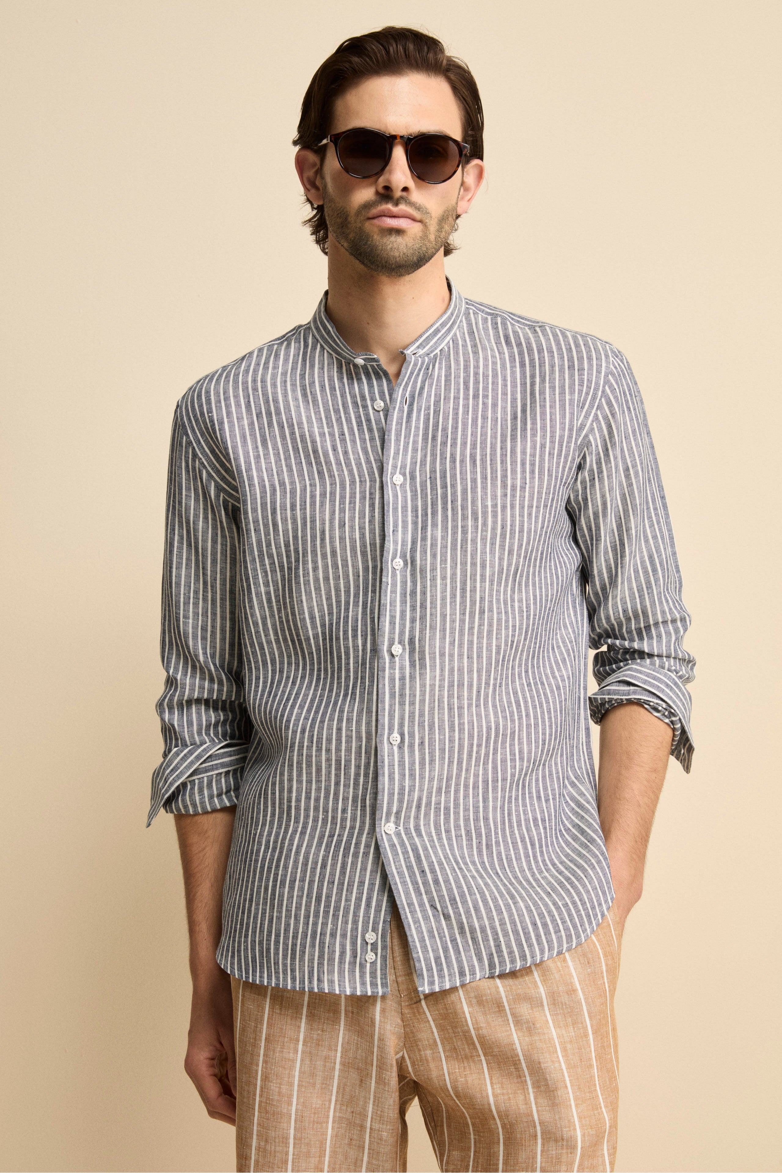 Camicia Rigata Custom Fit con Collo Coreana in Lino - BLU RIGATO