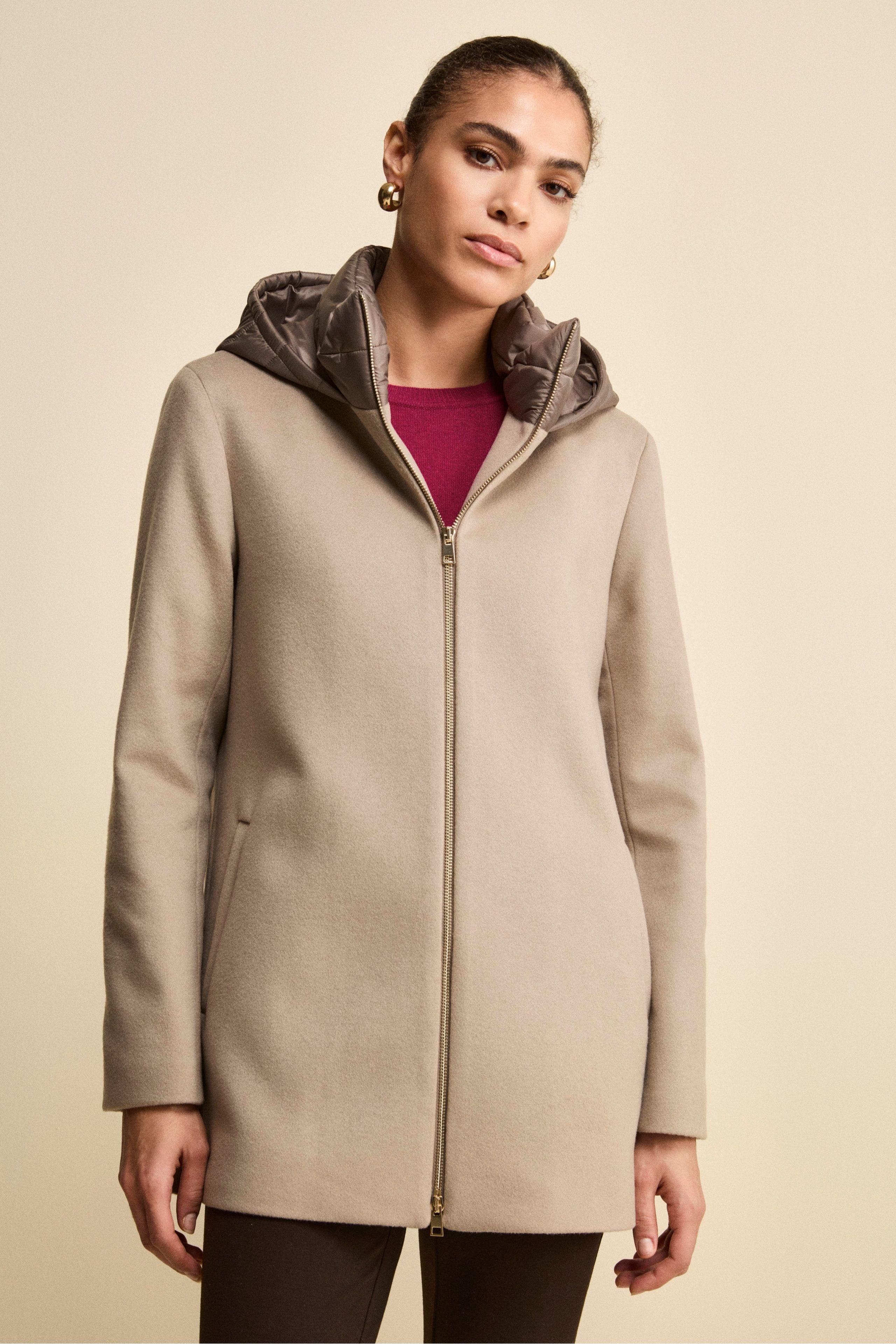 Midi Coat in Wool and Cashmere with Zip and Hood - Brown