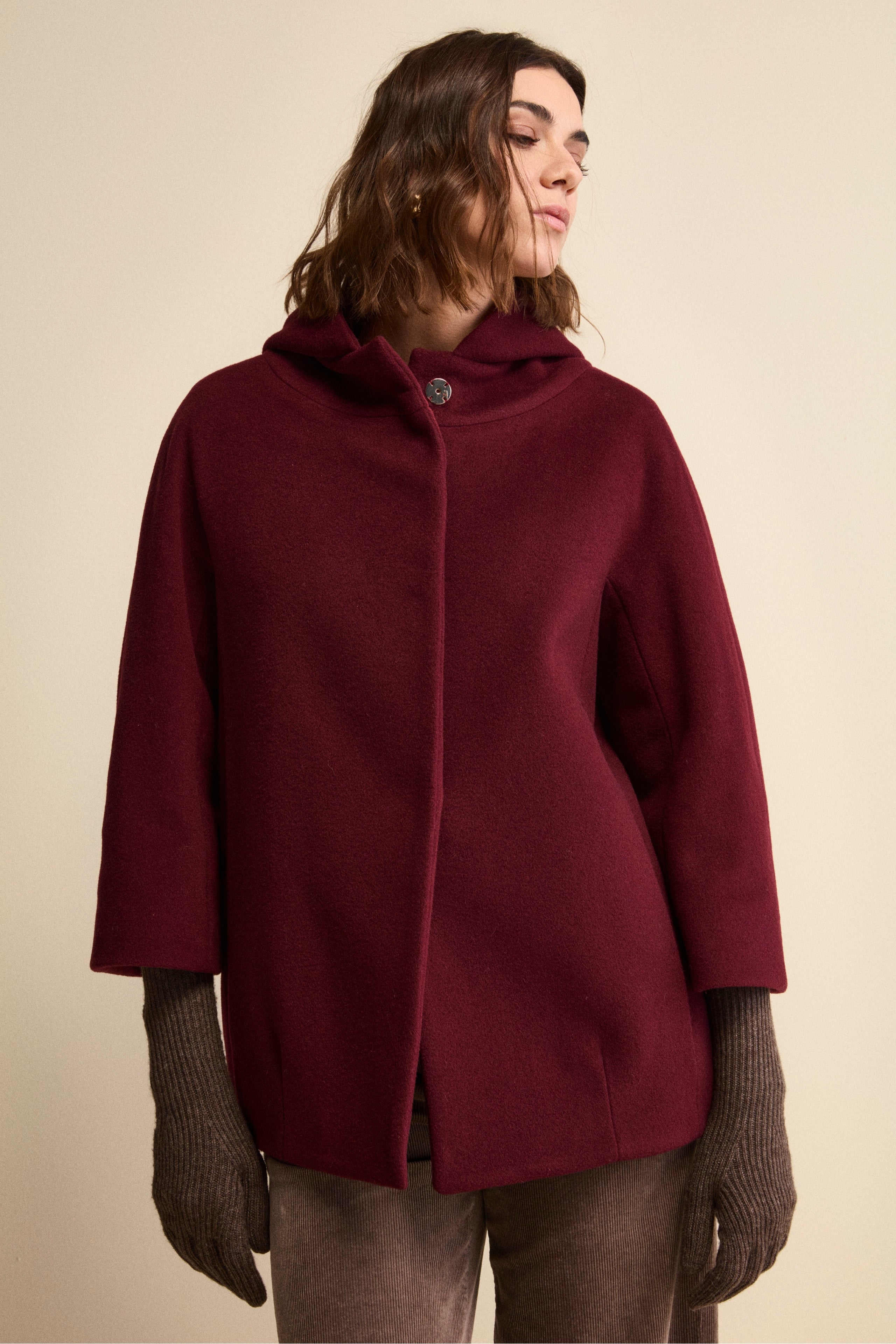 Wool and Cashmere Cape with Hood and Lining - Burgundy