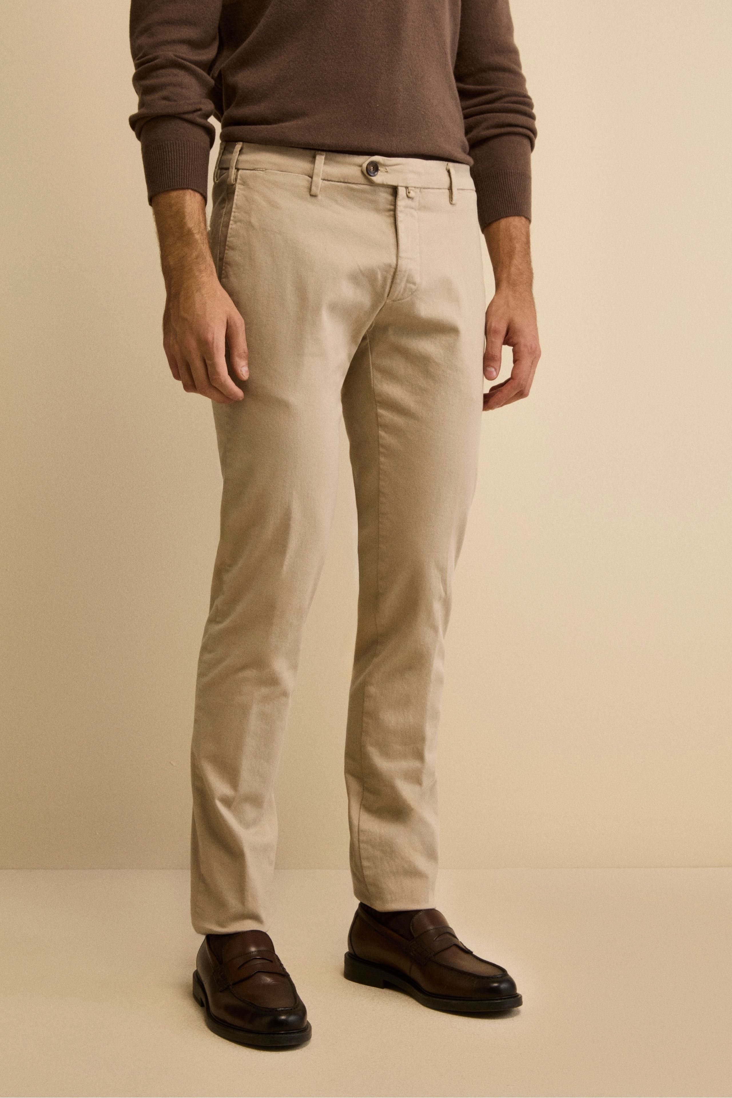 Slim Fit Stretch Gabardine Trousers - Sand brown