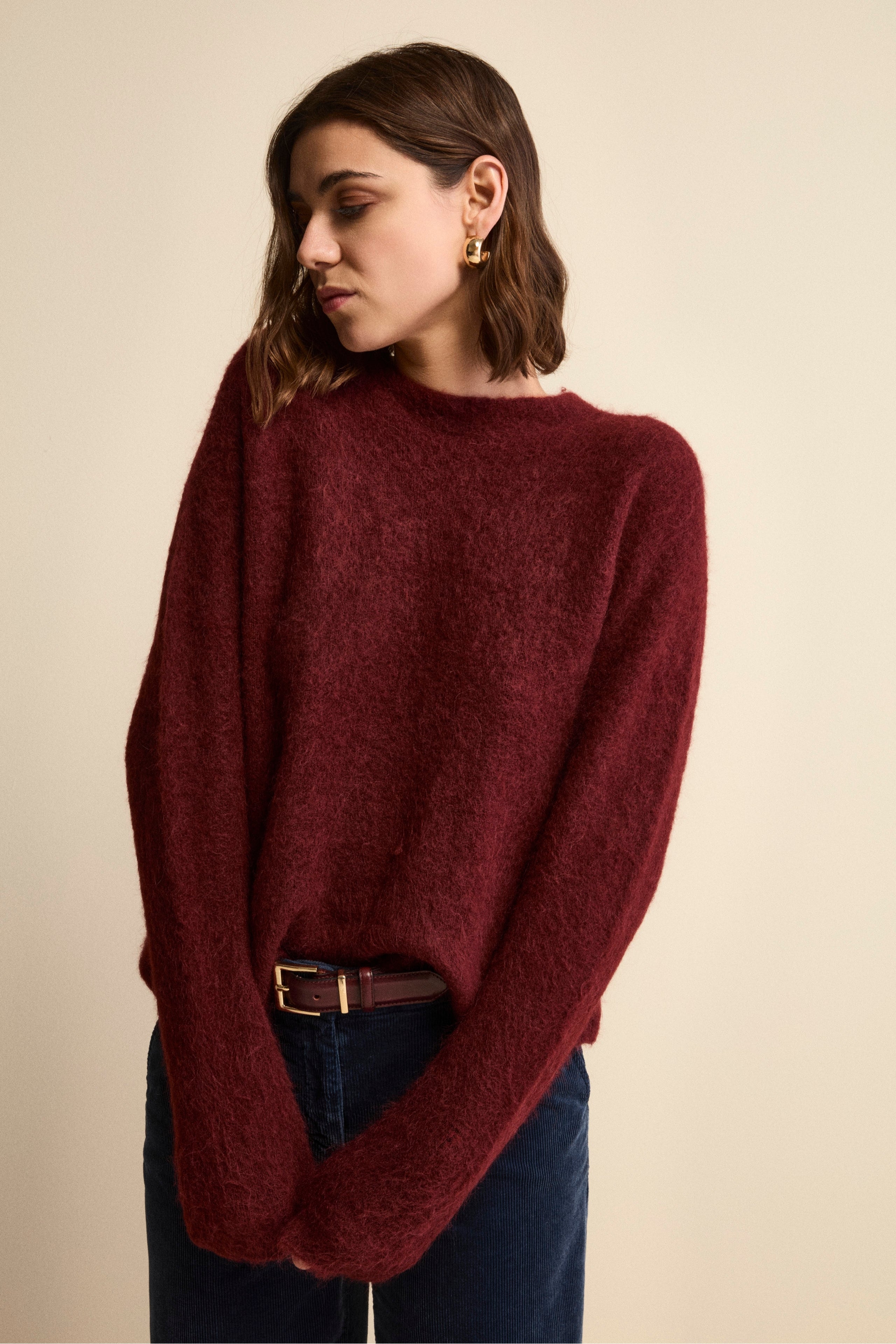 Boxy Crew-Neck Sweater in Alpaca Blend - Burgundy