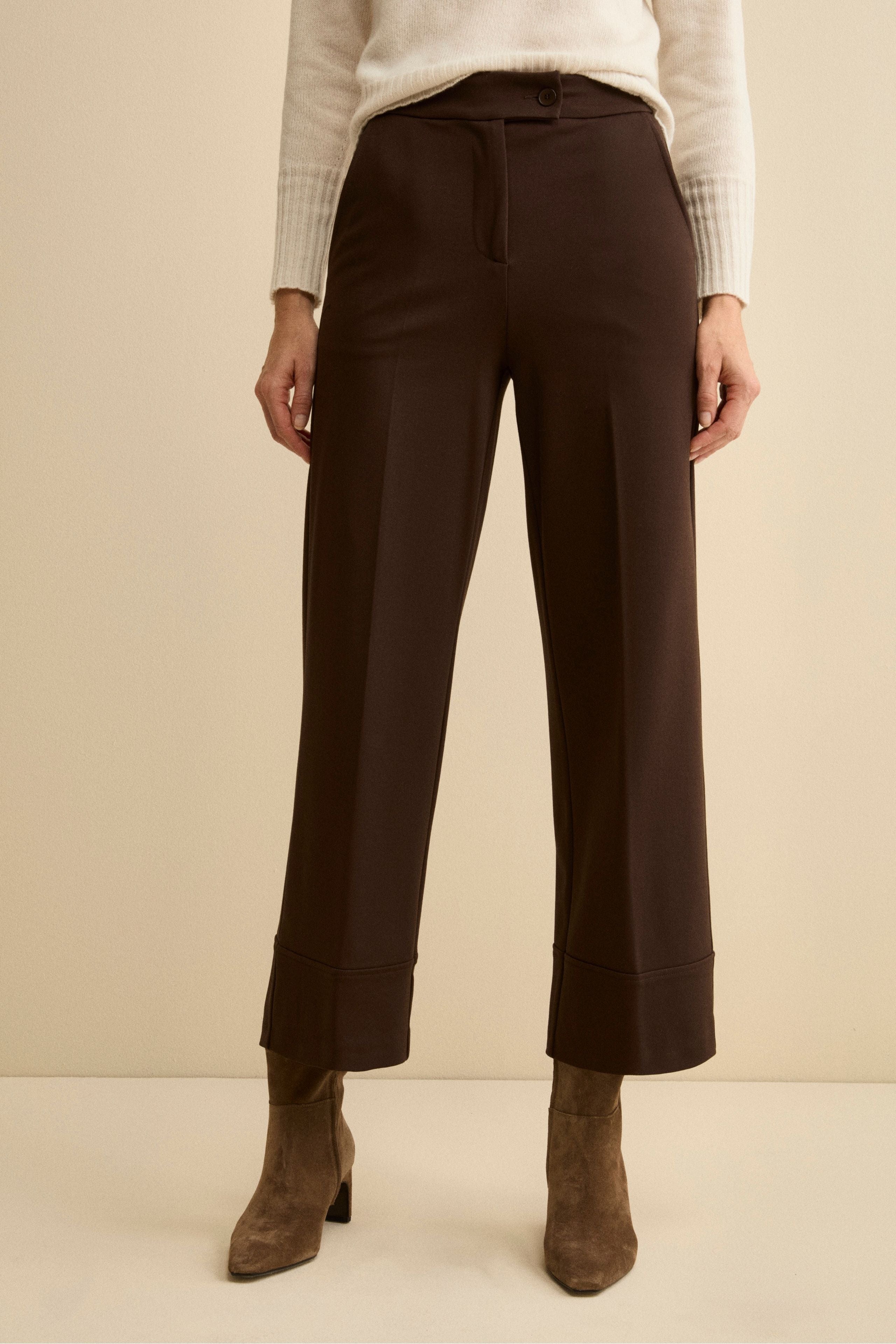Wide-Leg Cuffed Pleated Trousers - Dark brown