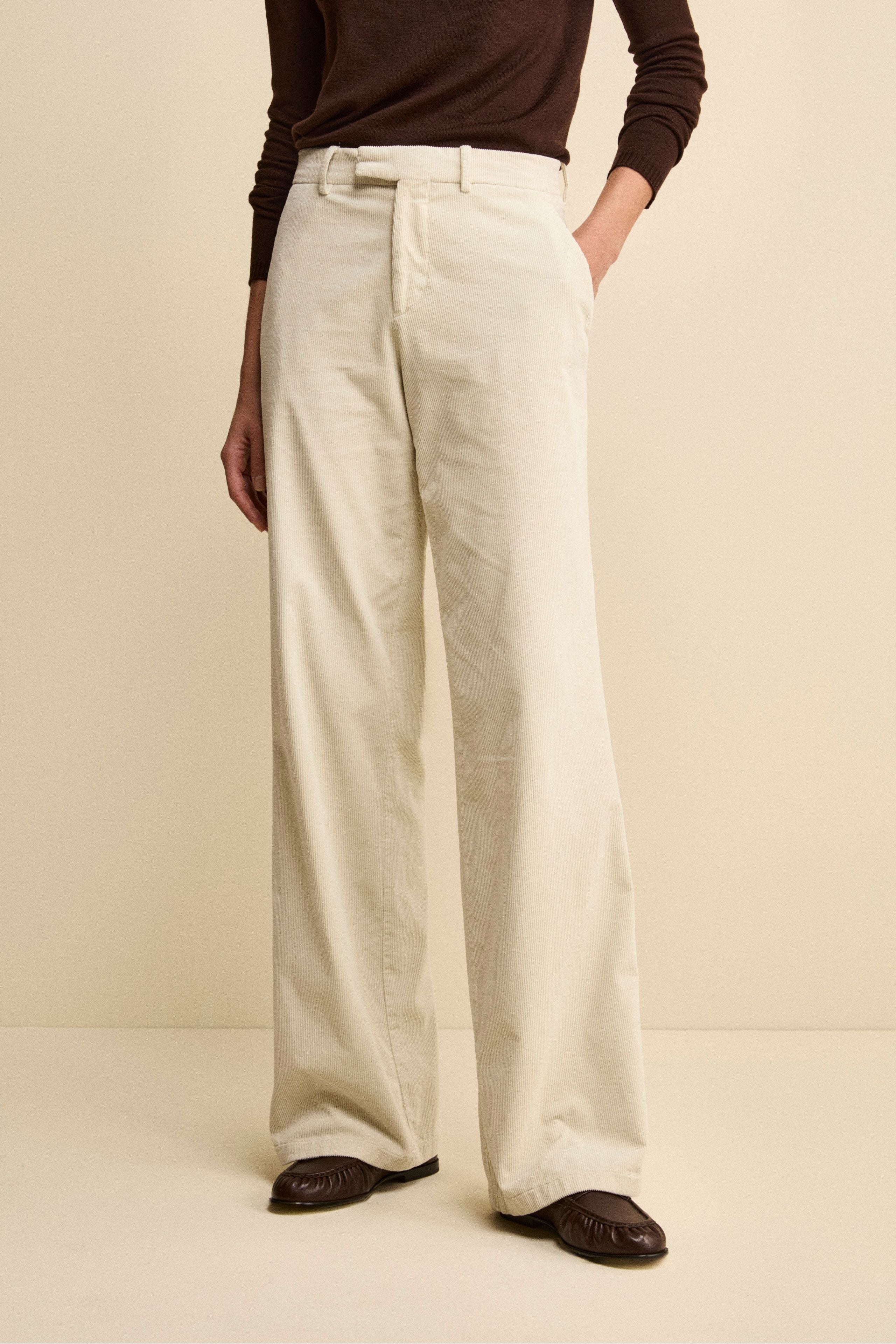 Wide-Leg Corduroy Trousers - CREAM