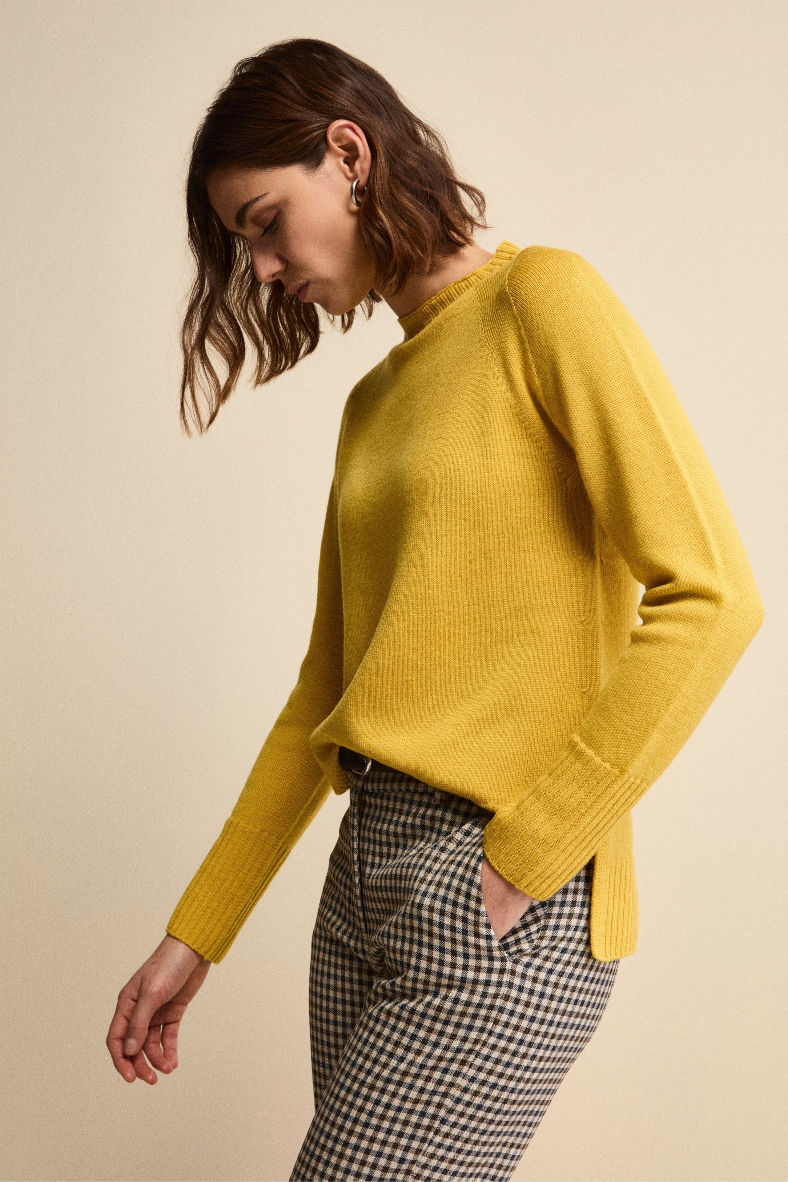 Merino Wool Crewneck with Ribbed Hem - -