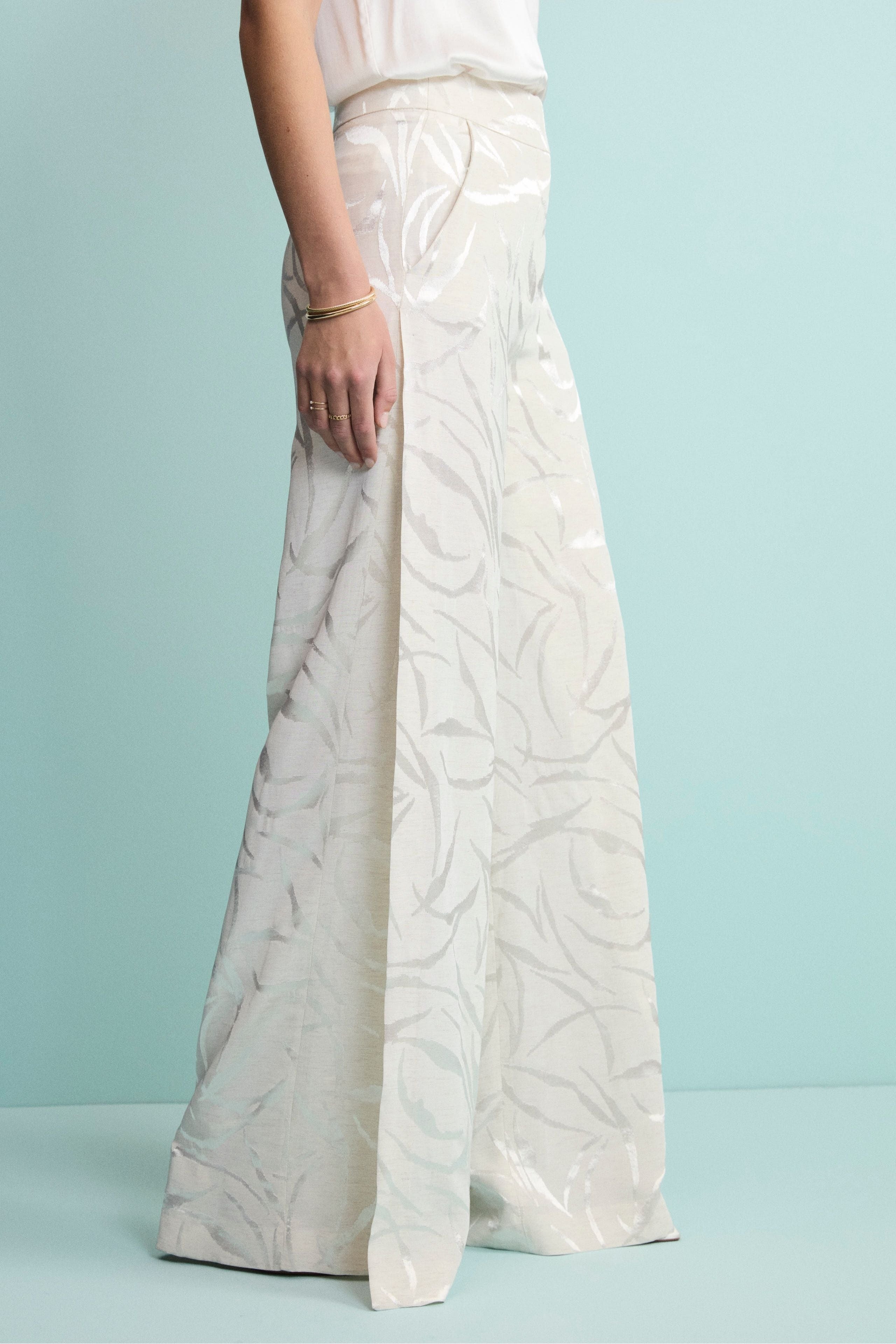 Pantalone Aperto Damascato in Misto Lino - ECRU