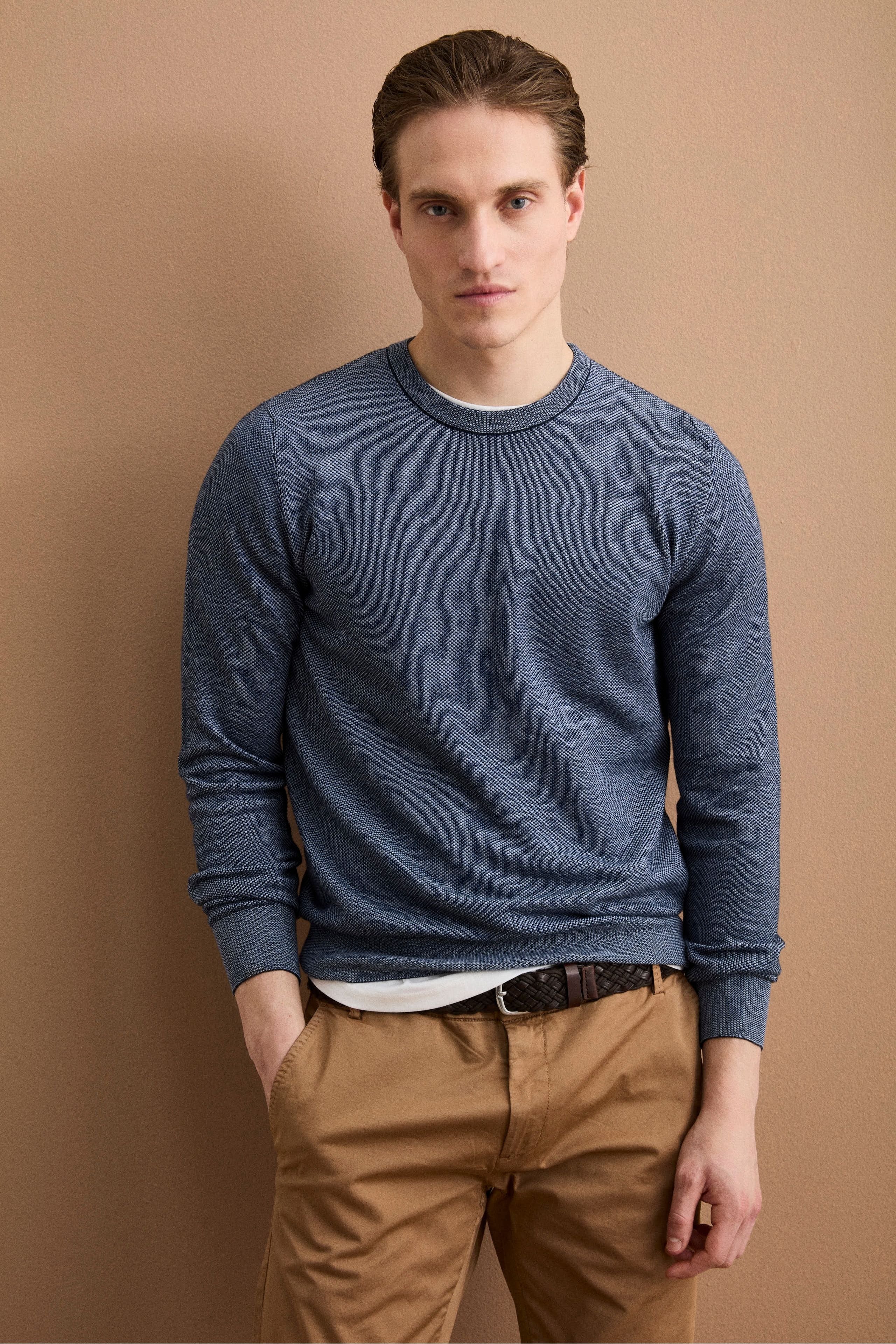 Strukturierter Baumwoll-Rundhalspullover - Blau-Hellblau