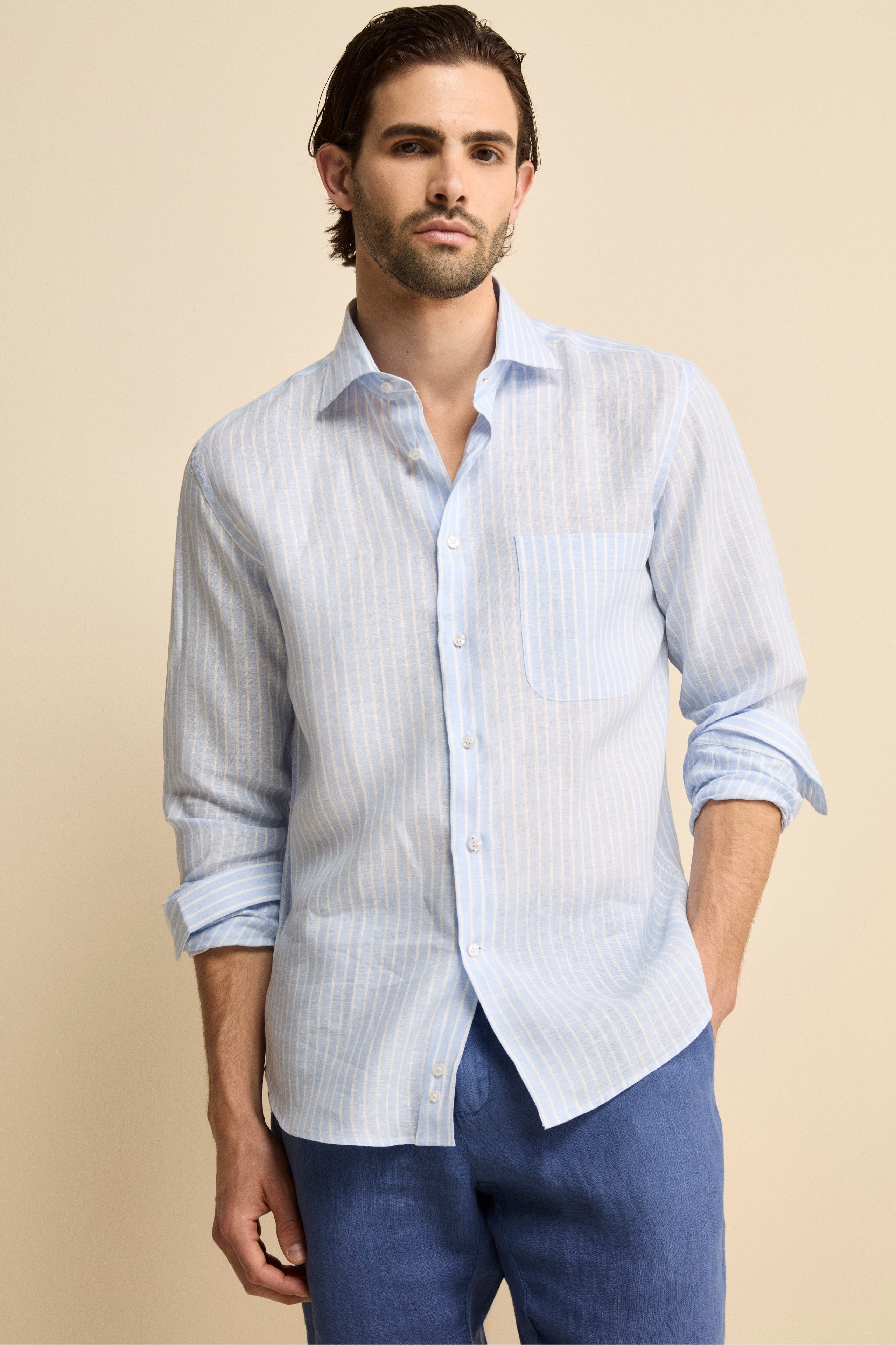 Camicia Fantasia con Taschino Custom Fit in Lino - AZZURRO RIGATO