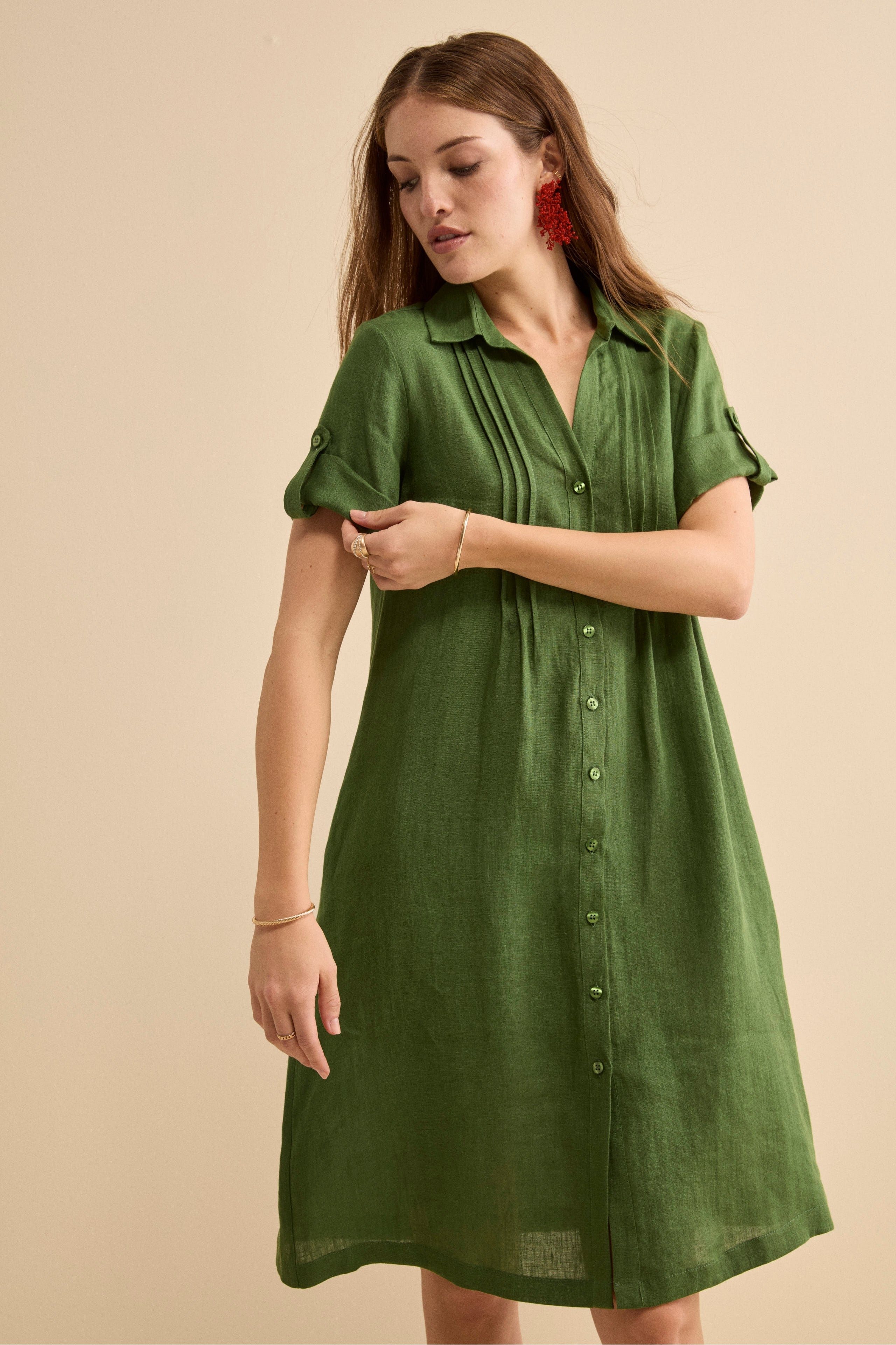 Abito Chemisier in Lino con Manica Corta - VERDE