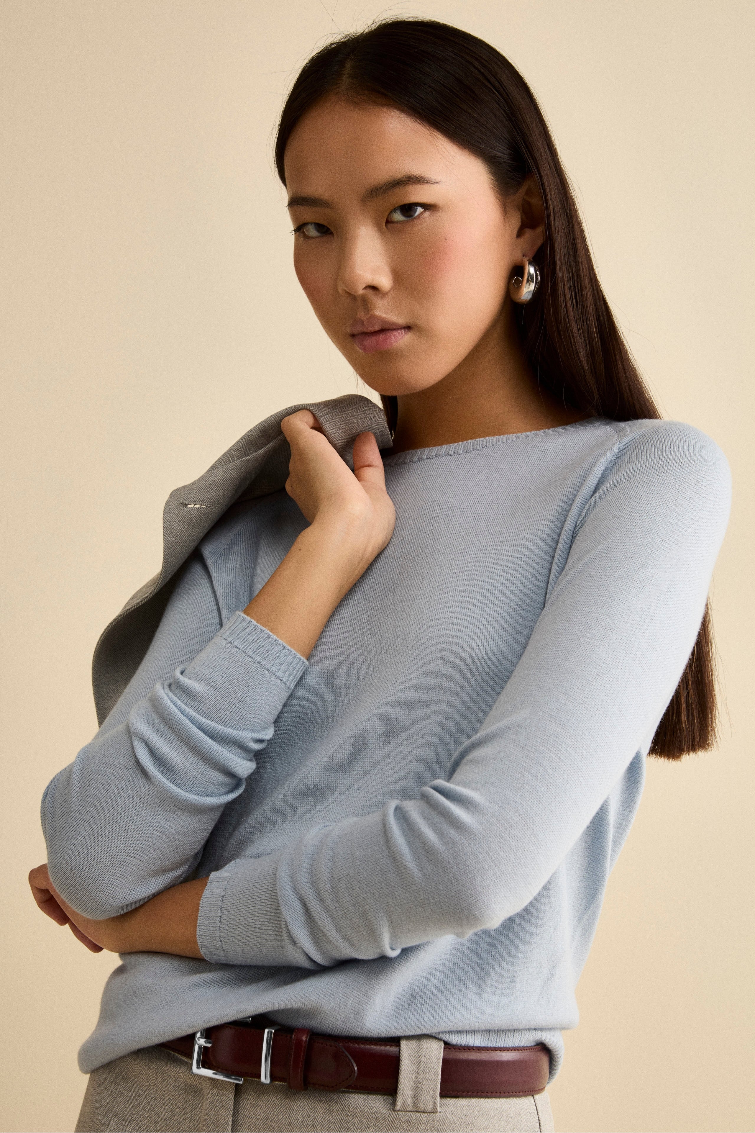 Merino Wool Crewneck with Ribbed Edges - Light blue