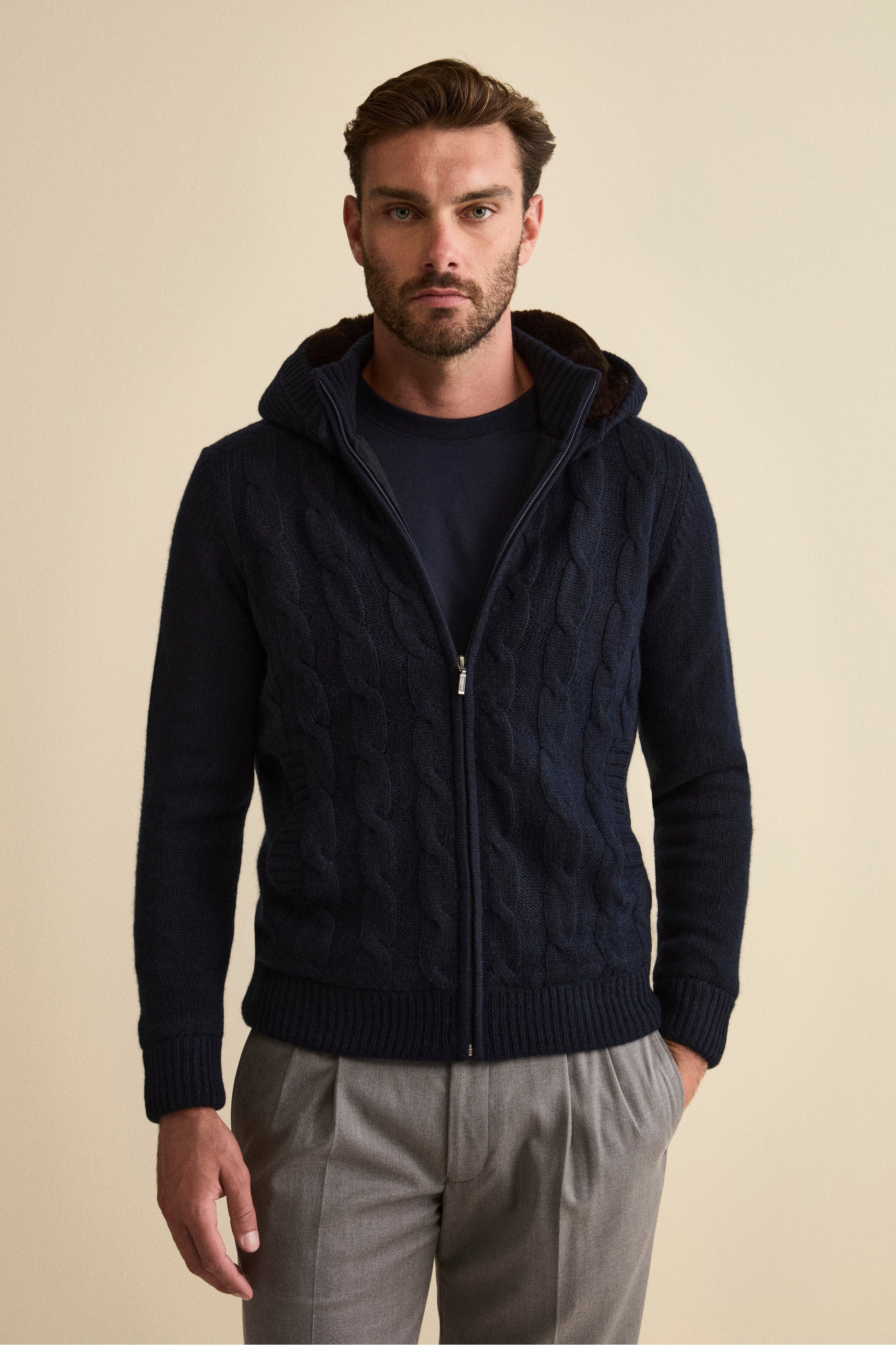 Cashmere Bomber with Hood and Fur - BLUE