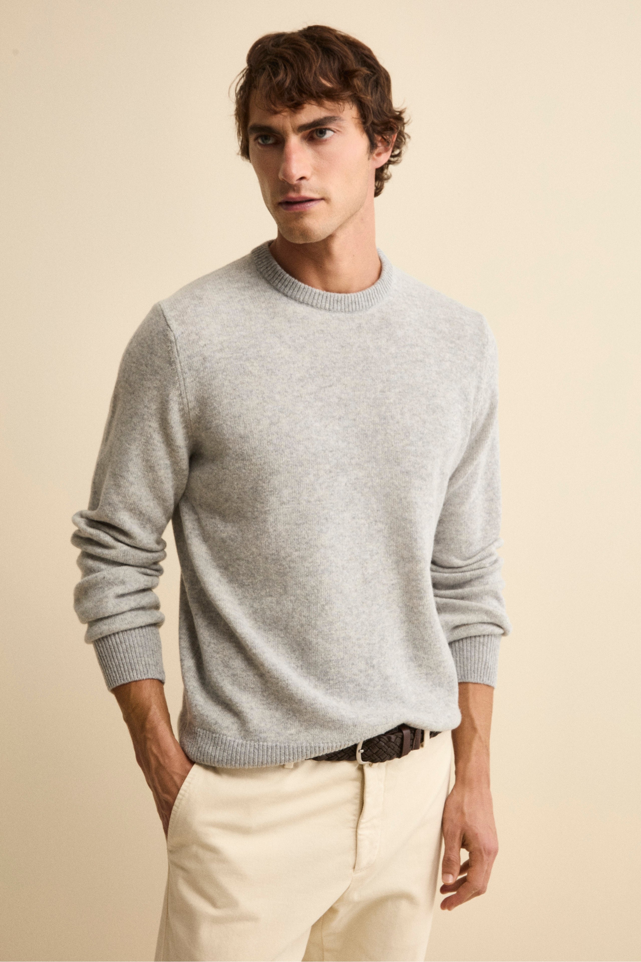 Mouline Crewneck Sweater in Extrafine Merino Wool - Light grey