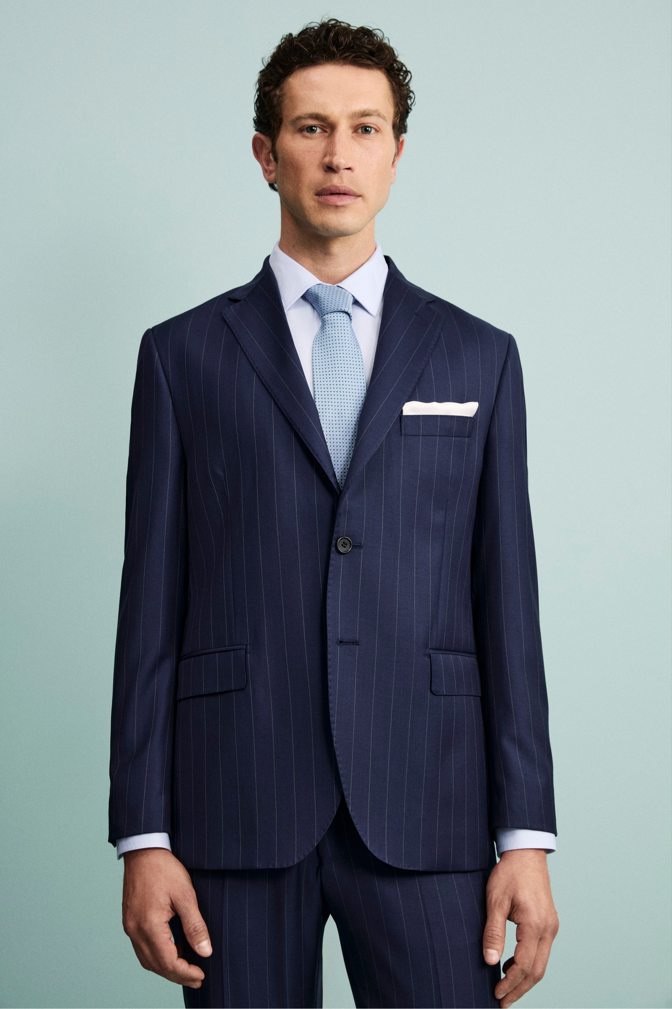 Abito Gessato Monopetto Comfort Fit in Lana Vergine - BLU APERTO GESSATO