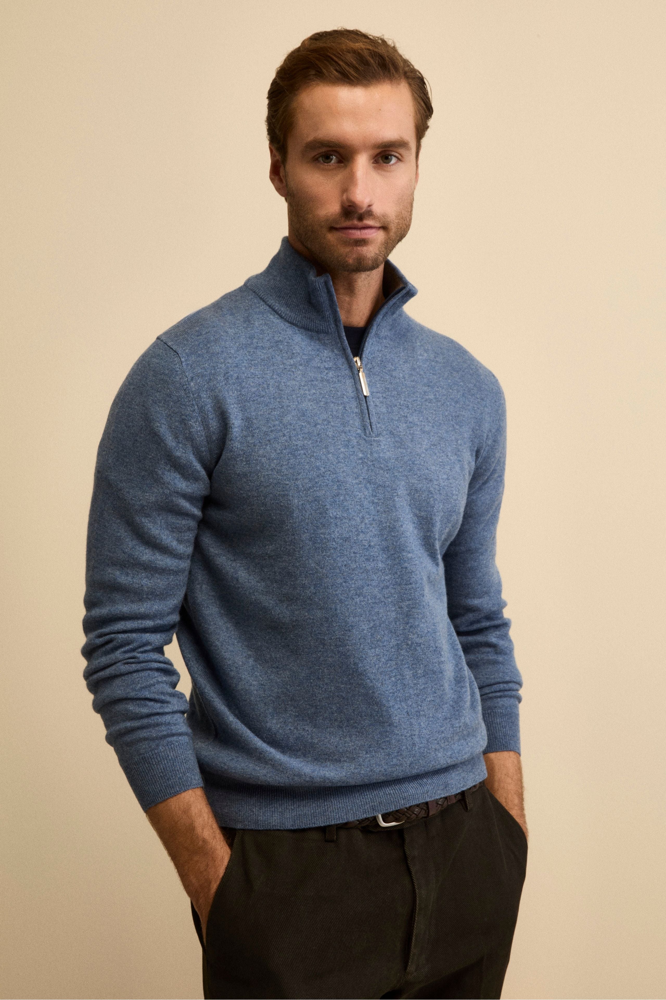 Turtleneck with Zip in Wool and Cashmere - DENIM