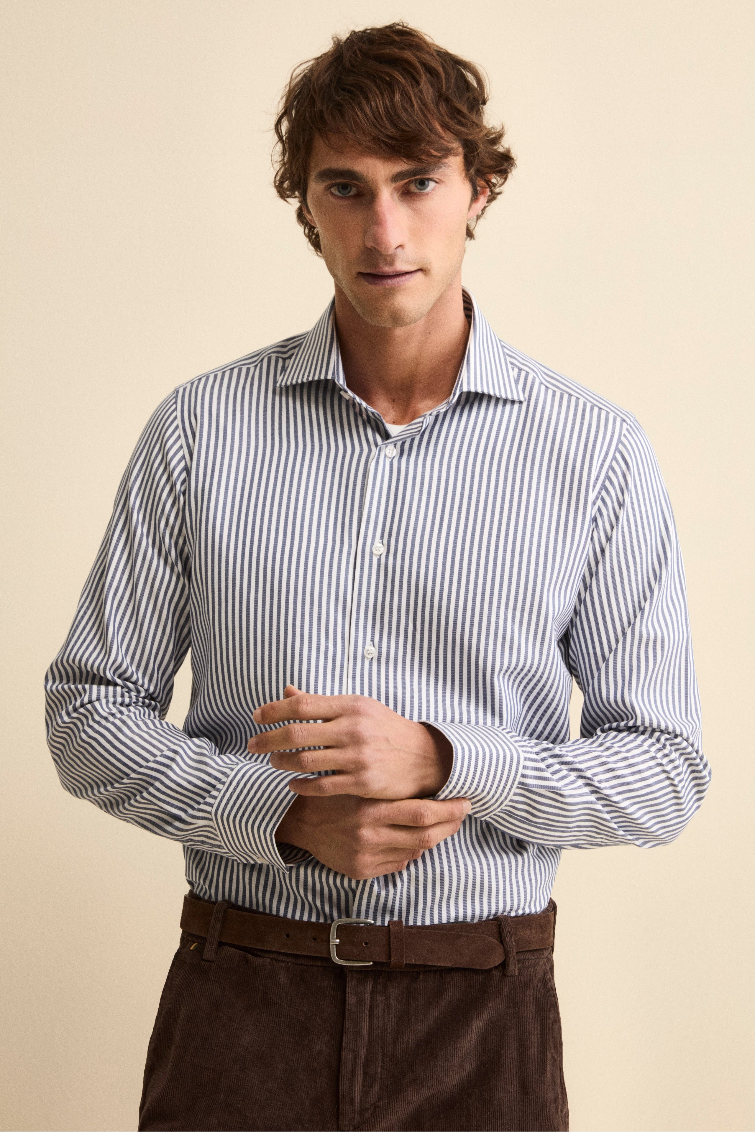 Slim Fit Cotton Shirt with French Collar - Blue stripe