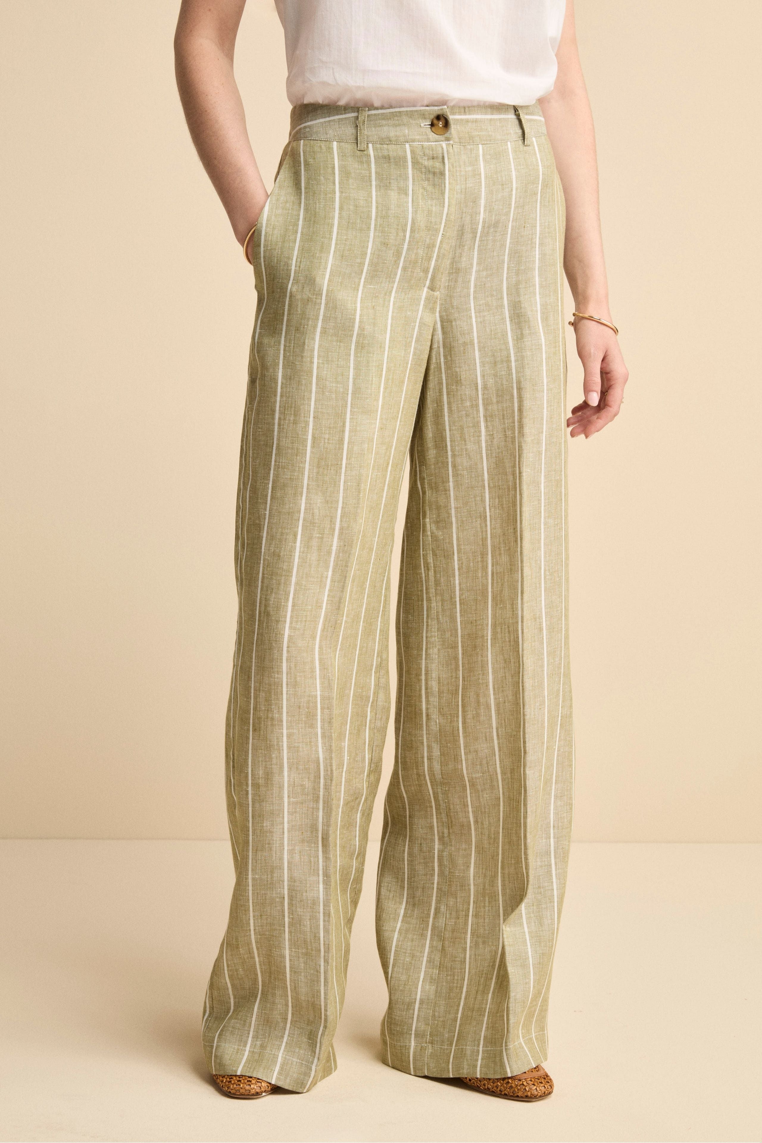 Pantalone Morbido Gessato in Lino - VERDE RIGATO