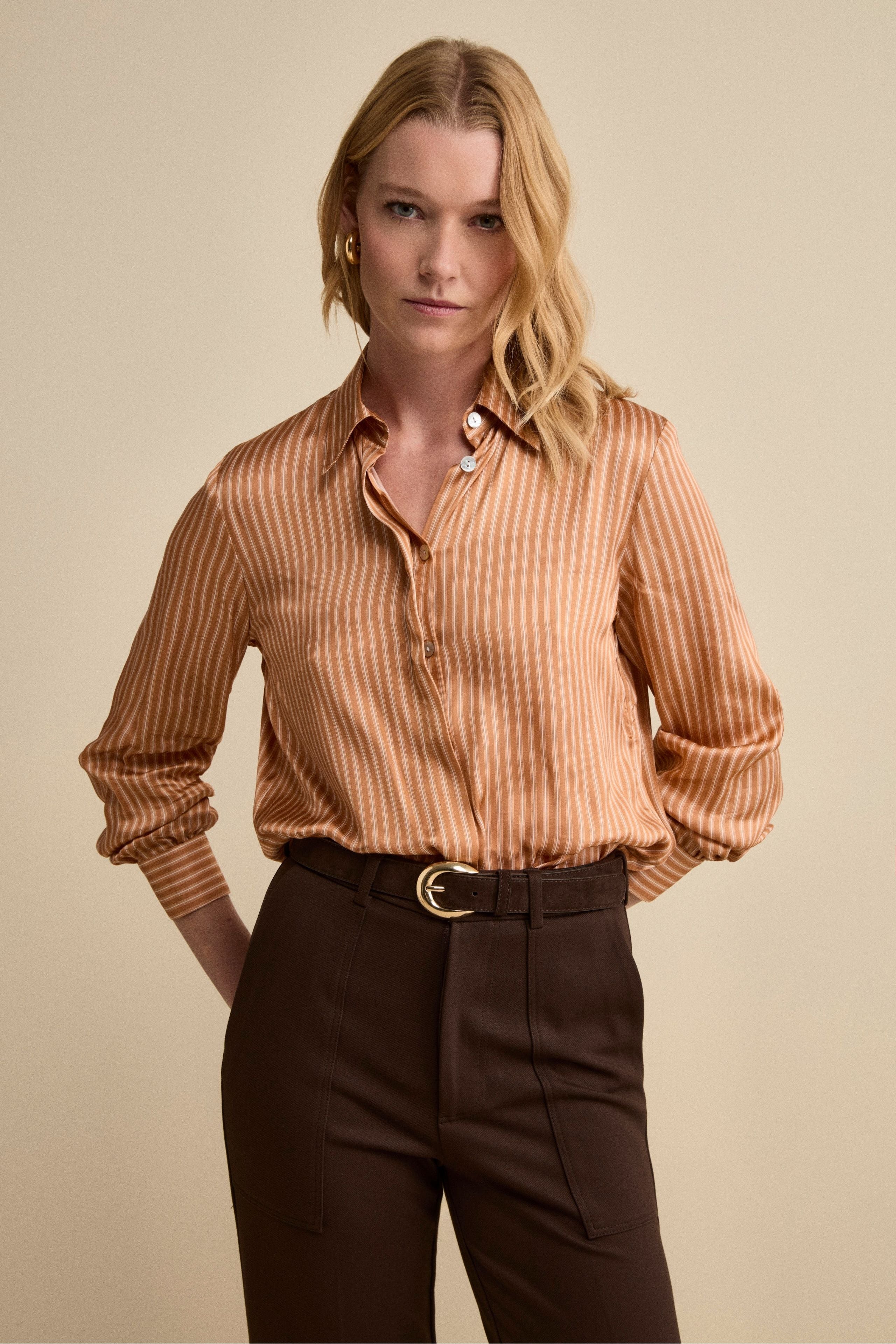 Soft Printed Satin Shirt - Camel Striped