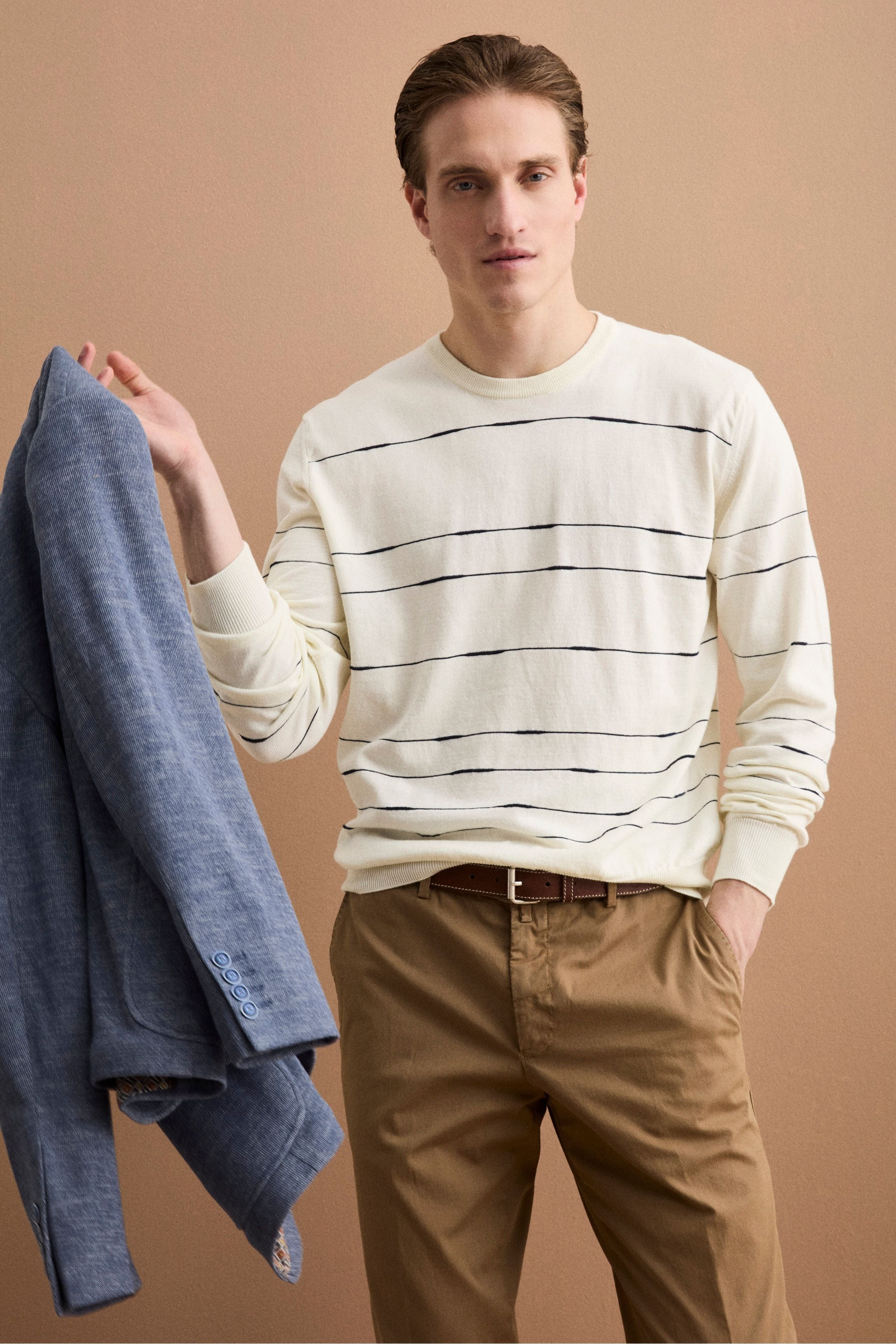 Gestreifter Rundhals-Strickpullover aus Baumwolle Regular Fit - Weiß-Blau