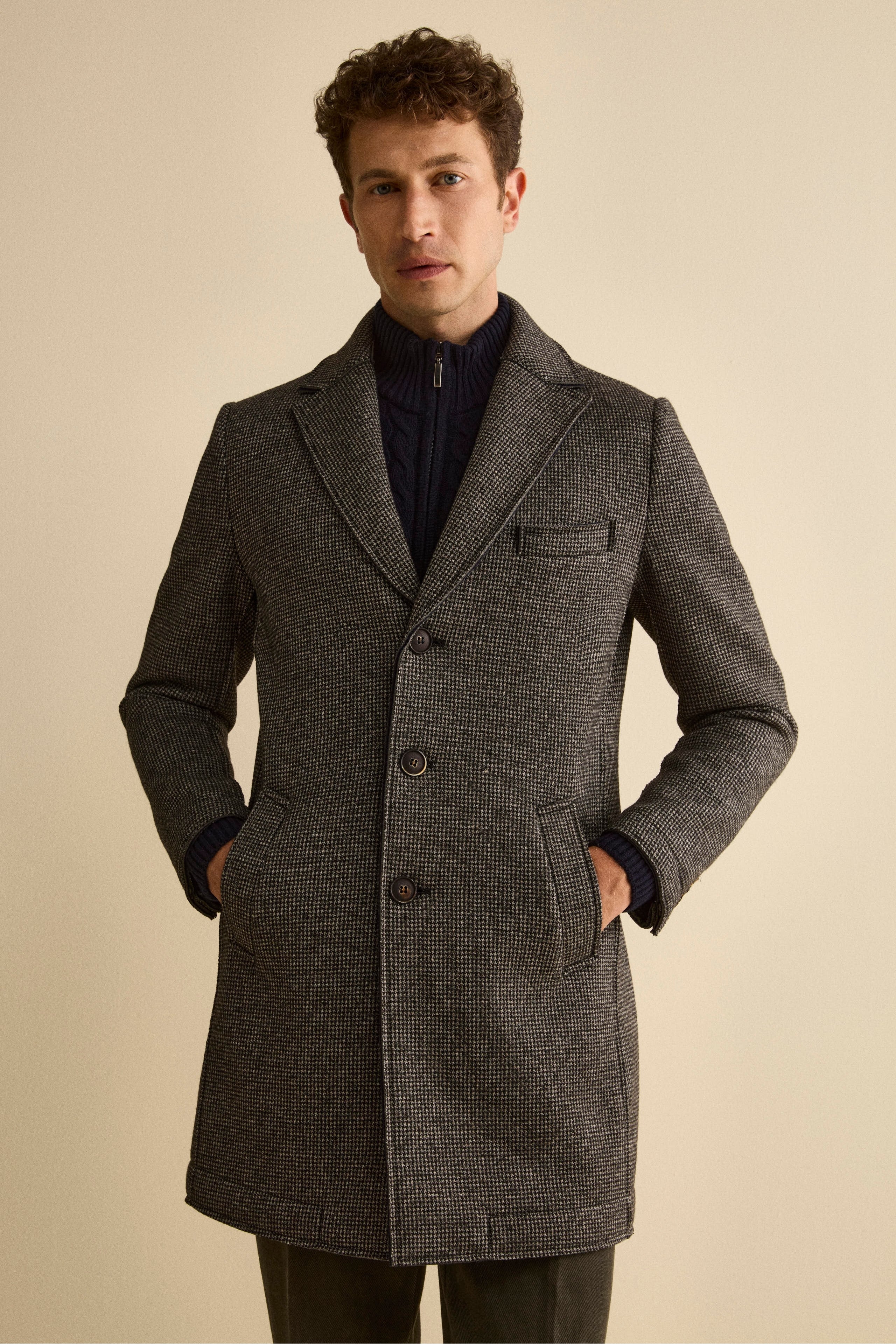 Raw-Cut Midi Patterned Coat - Grey-Black