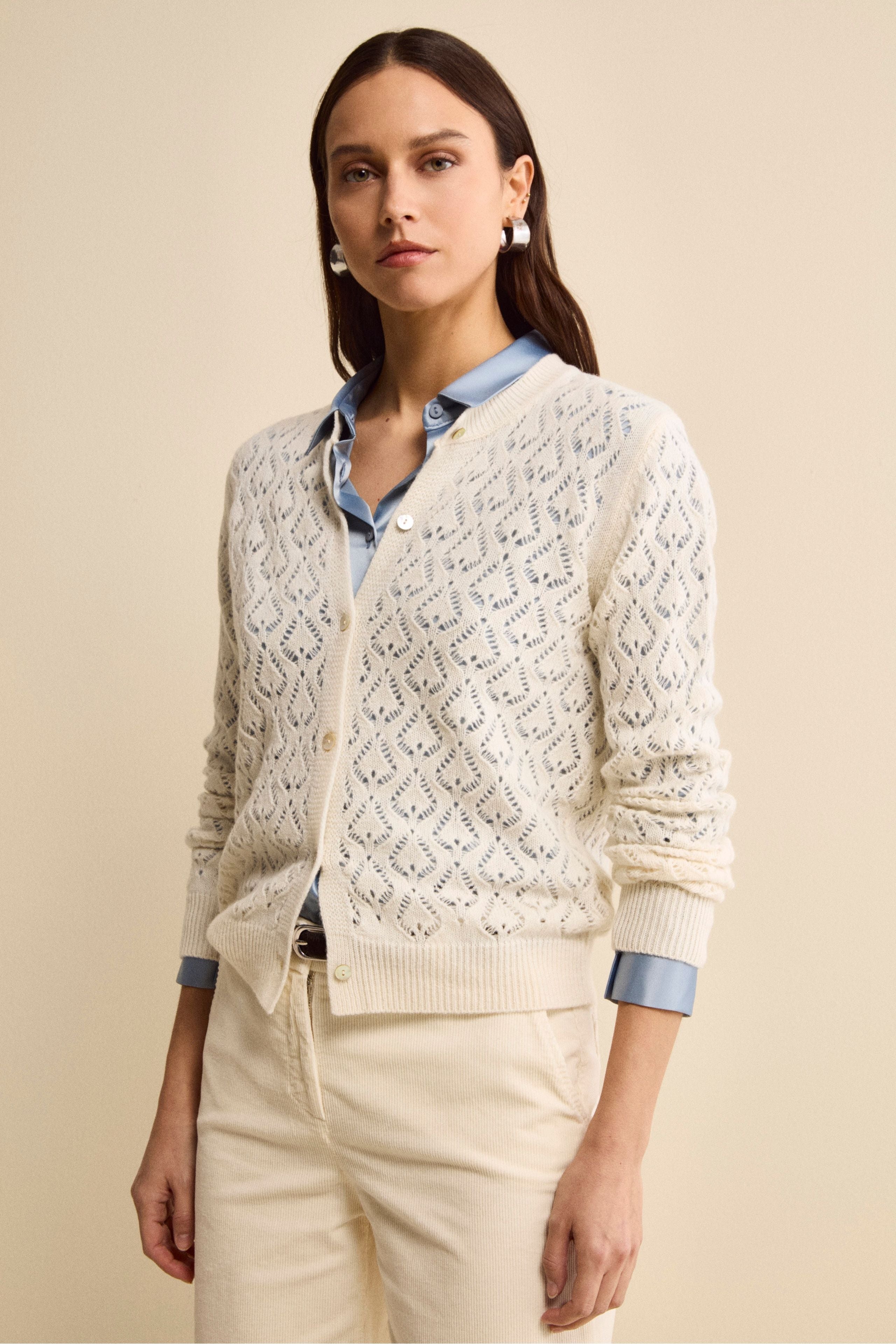 Openwork V-Neck Cardigan in Wool and Cashmere - Cream white