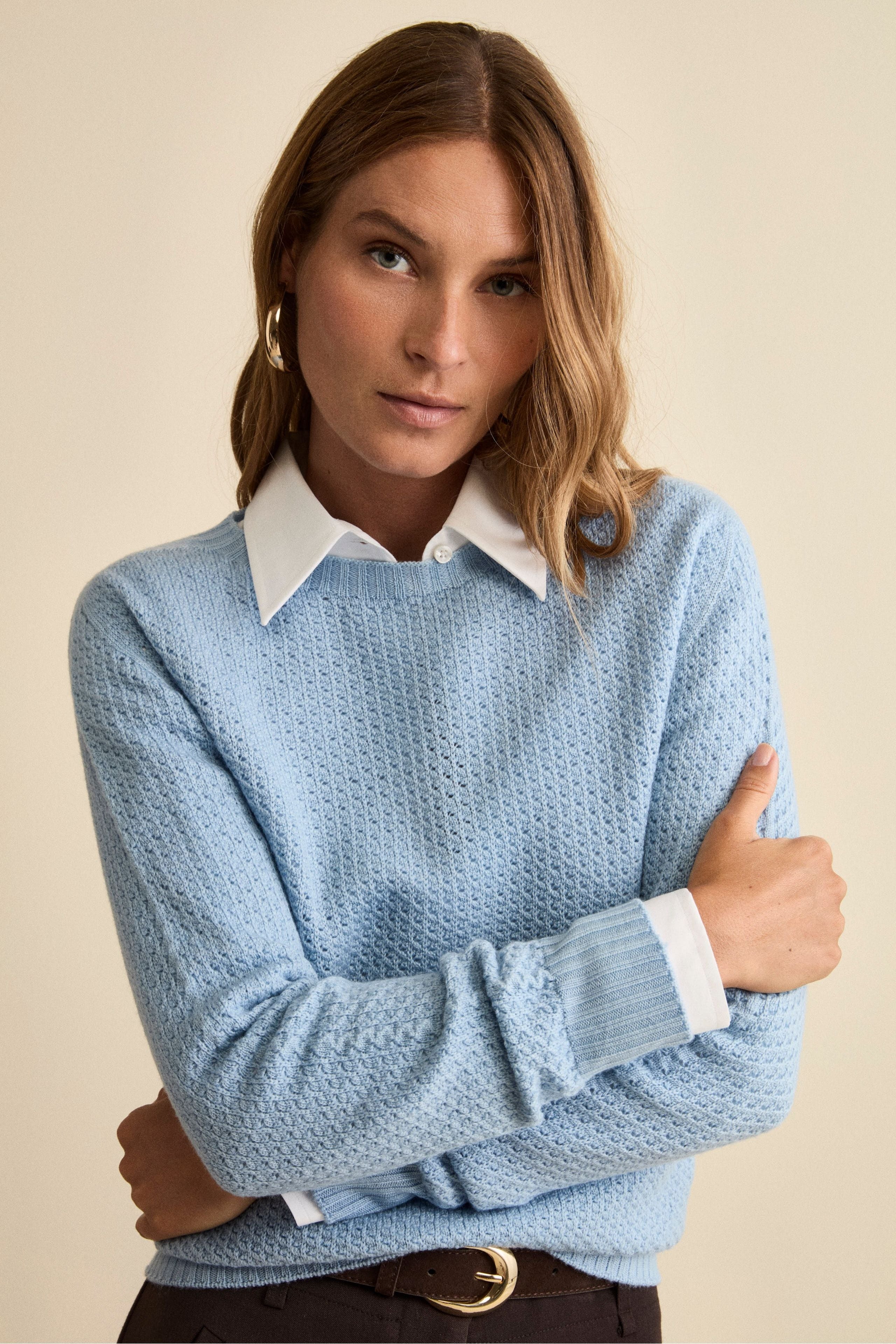 Openwork Merino Wool Crewneck Sweater - Light blue