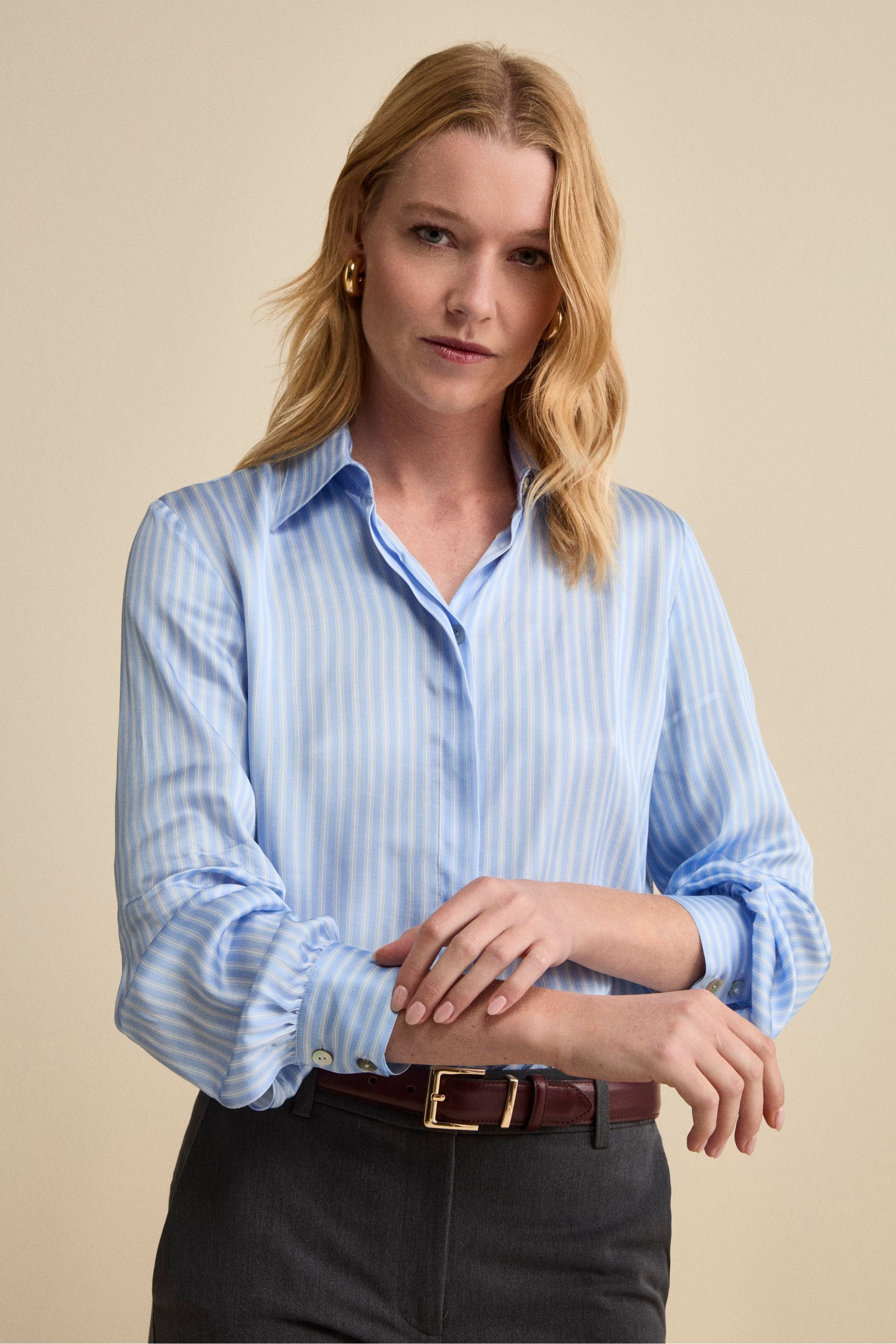 Soft Printed Satin Shirt - Light blue stripe