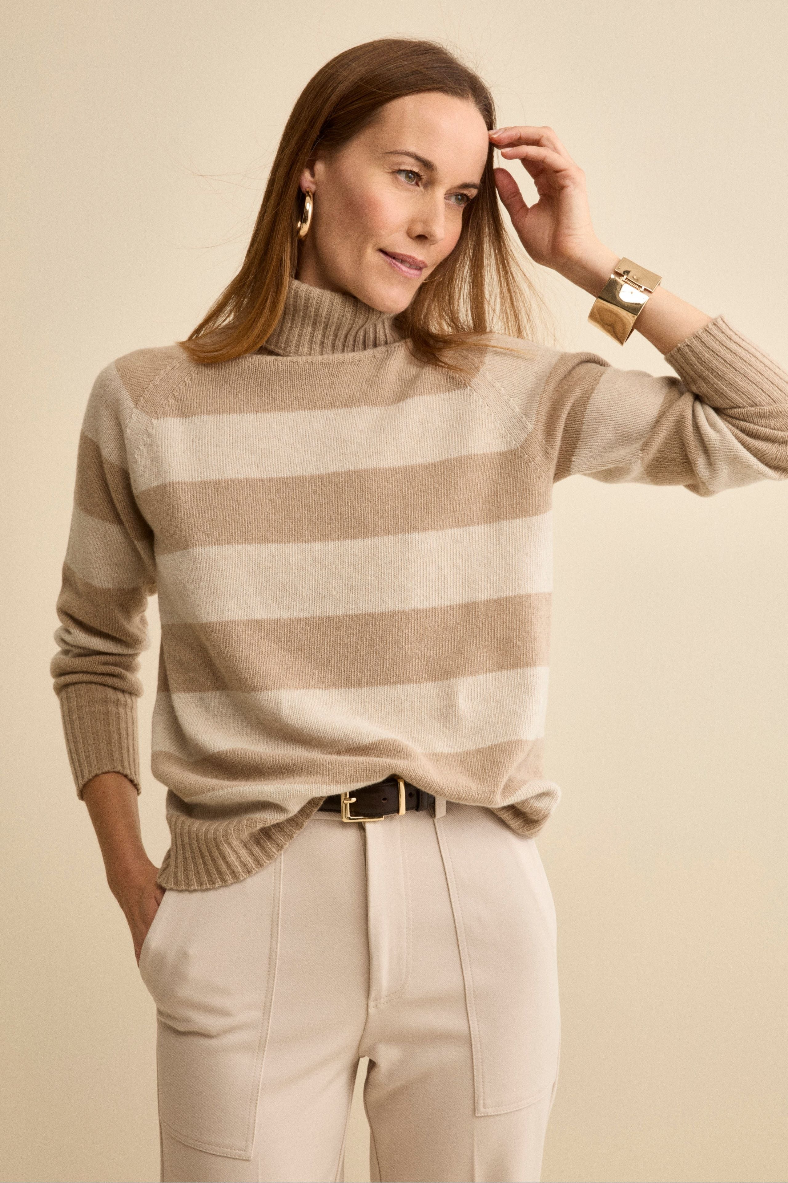 Striped Wool and Cashmere Turtleneck with Raglan Sleeves - BEIGE/GREY