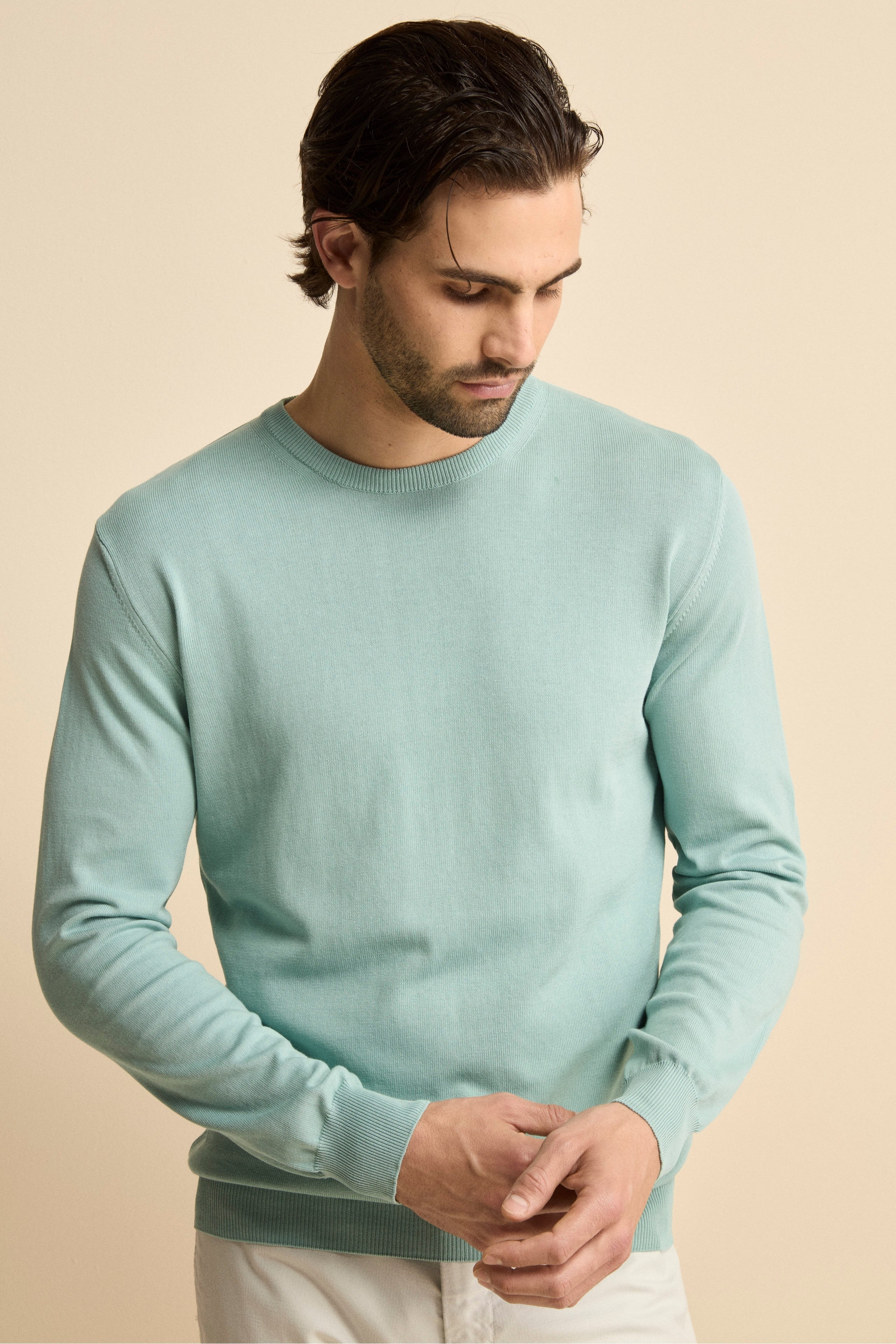 Girocollo in Cotone con Bordi Lavorati - AZZURRO