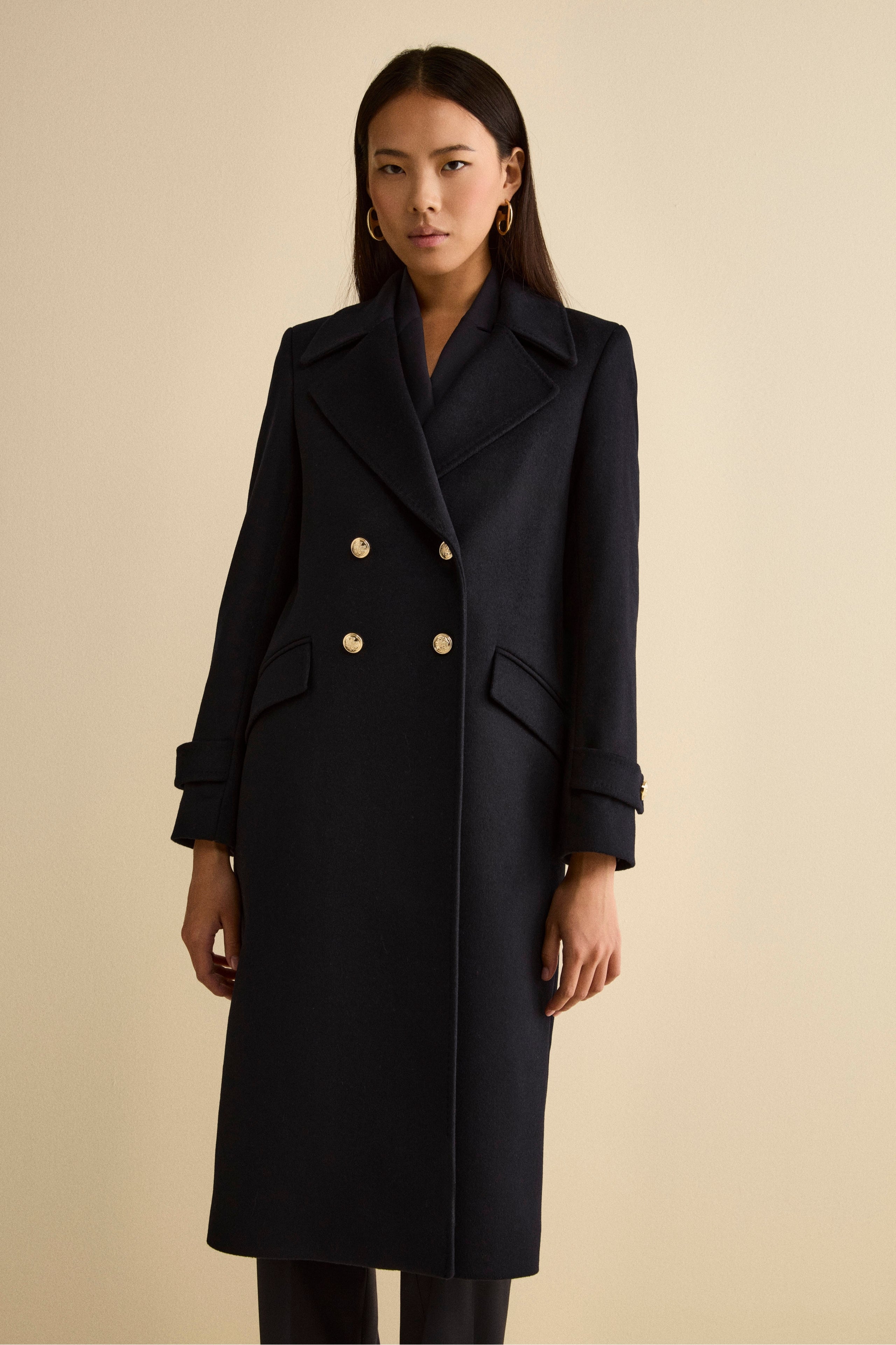 Long Double-Breasted Coat in Wool and Cashmere Blend - BLUE