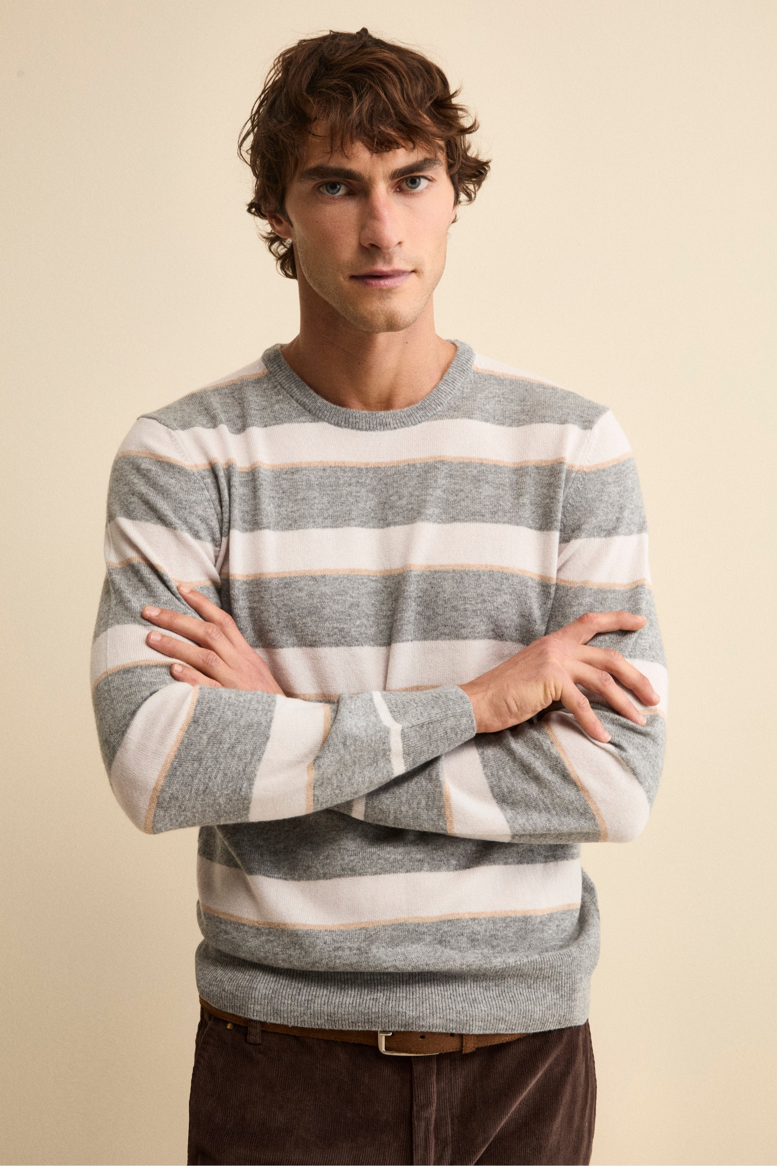 Striped Crewneck Sweater in Wool and Cashmere Blend - Grey and cream striped