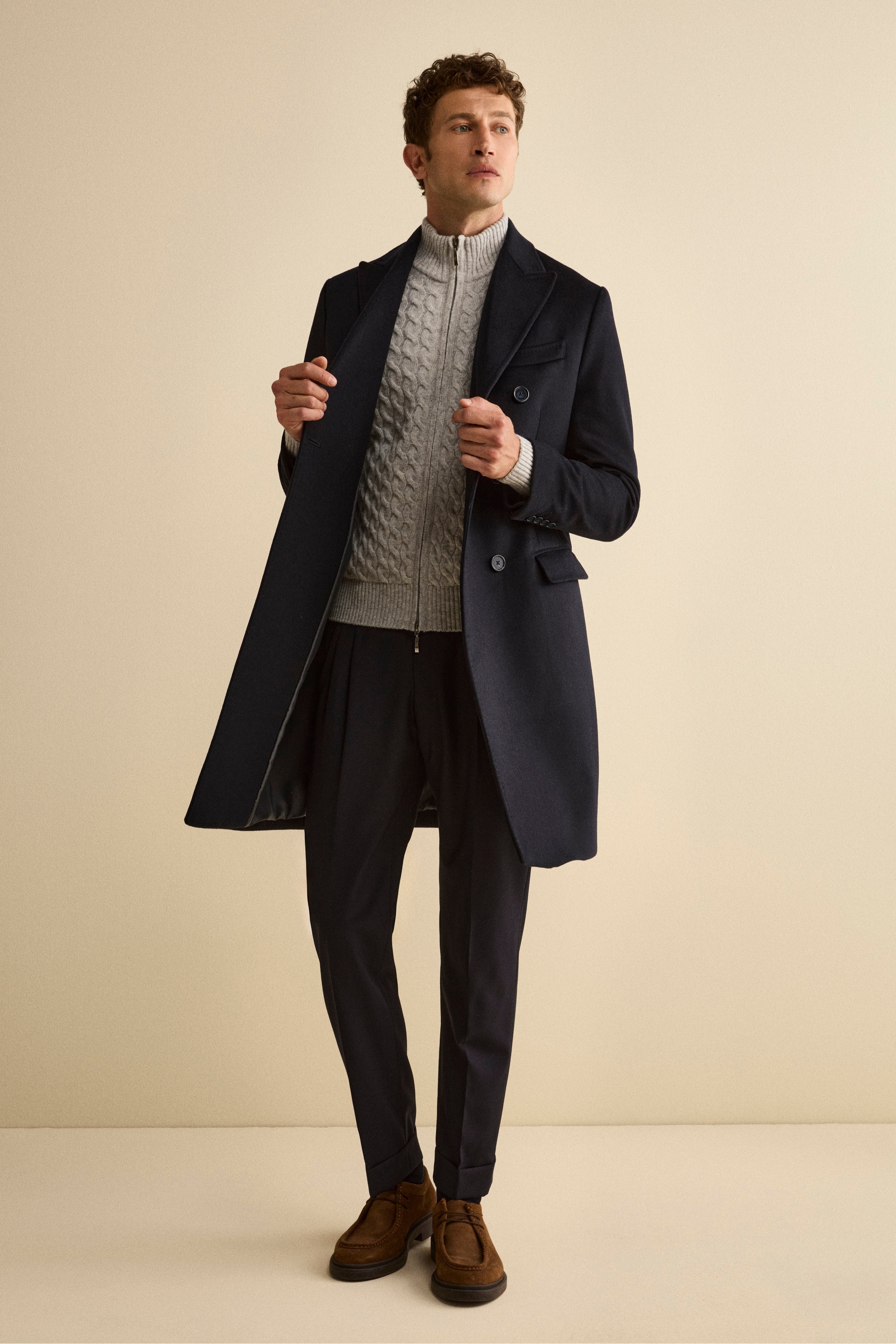 Midi Double-Breasted Coat in Wool and Cashmere Blend with Half-Belt - BLUE