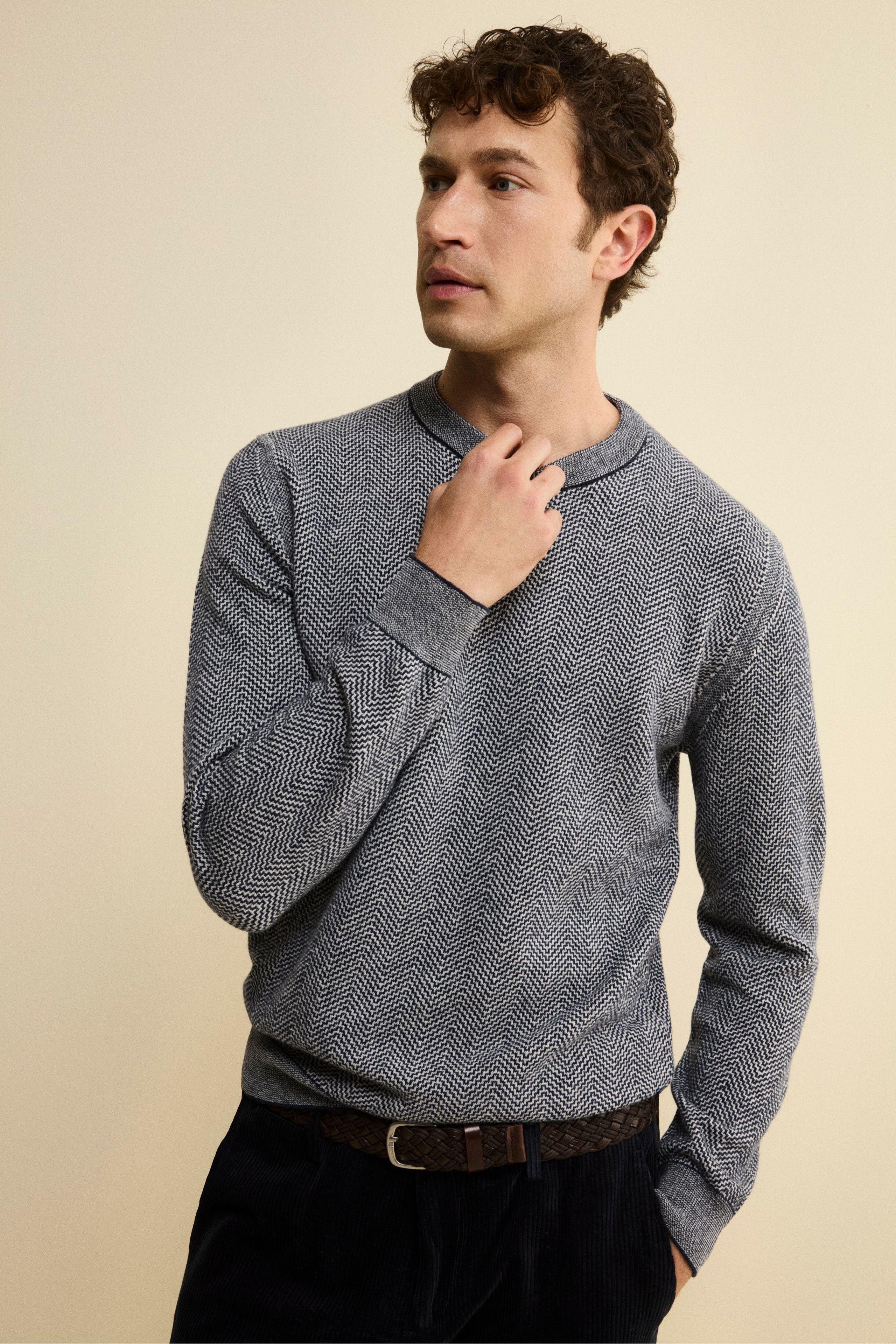 Jacquard Crewneck in Wool and Cashmere - BLUE/MILK
