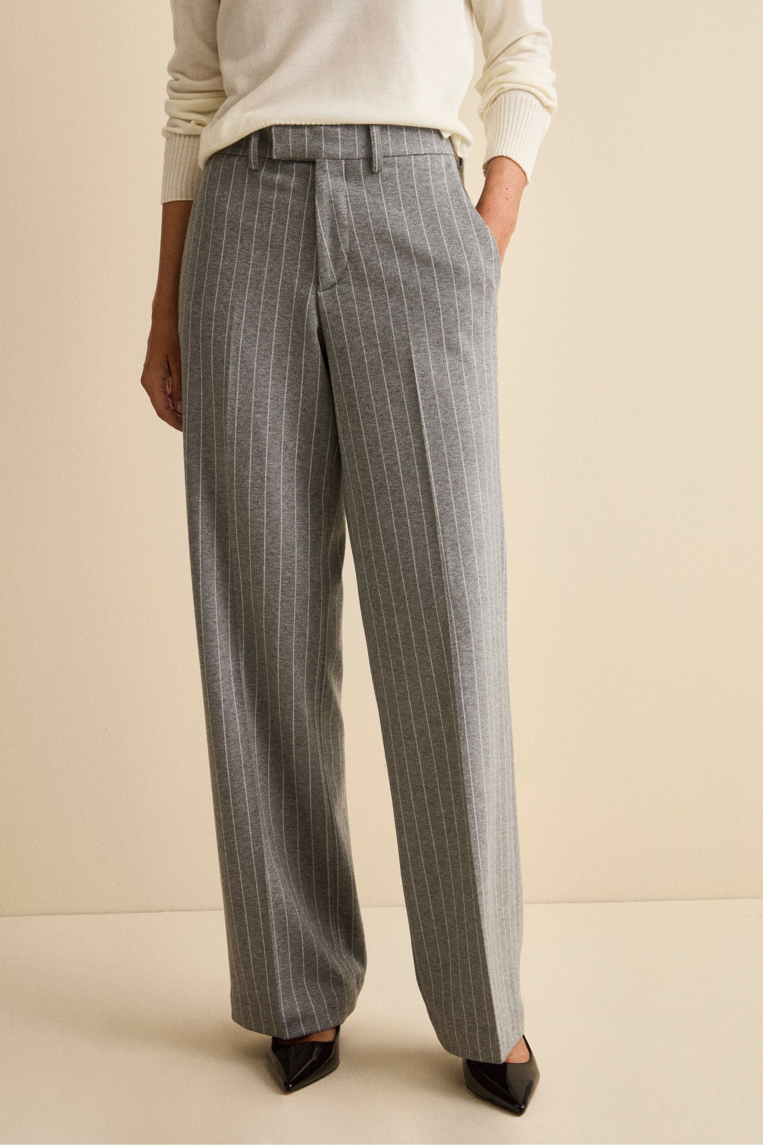 Wide-Leg Pinstripe Trousers - Grey pinstripe