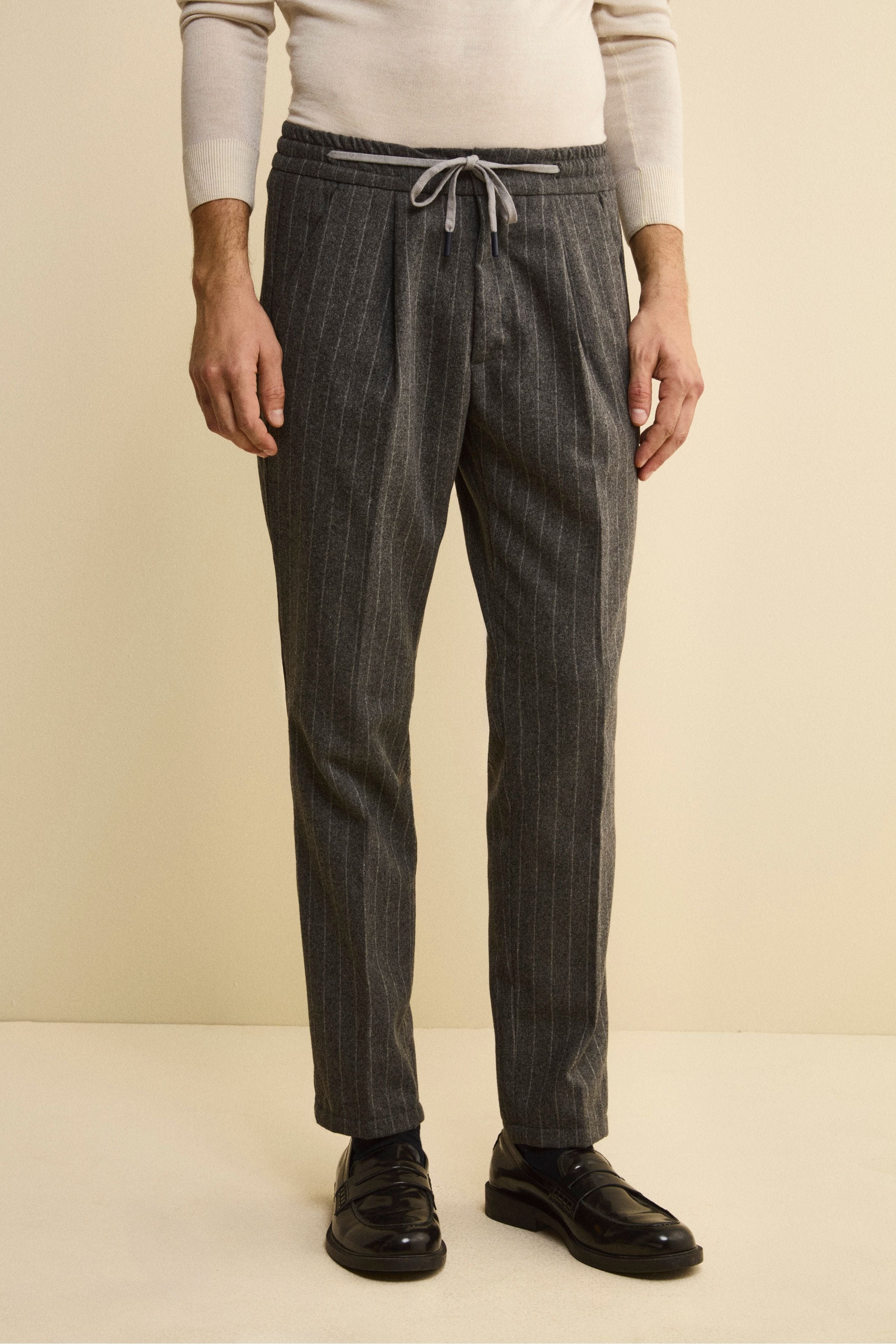Pinstripe Drawstring Trousers in Wool Blend - Medium grey