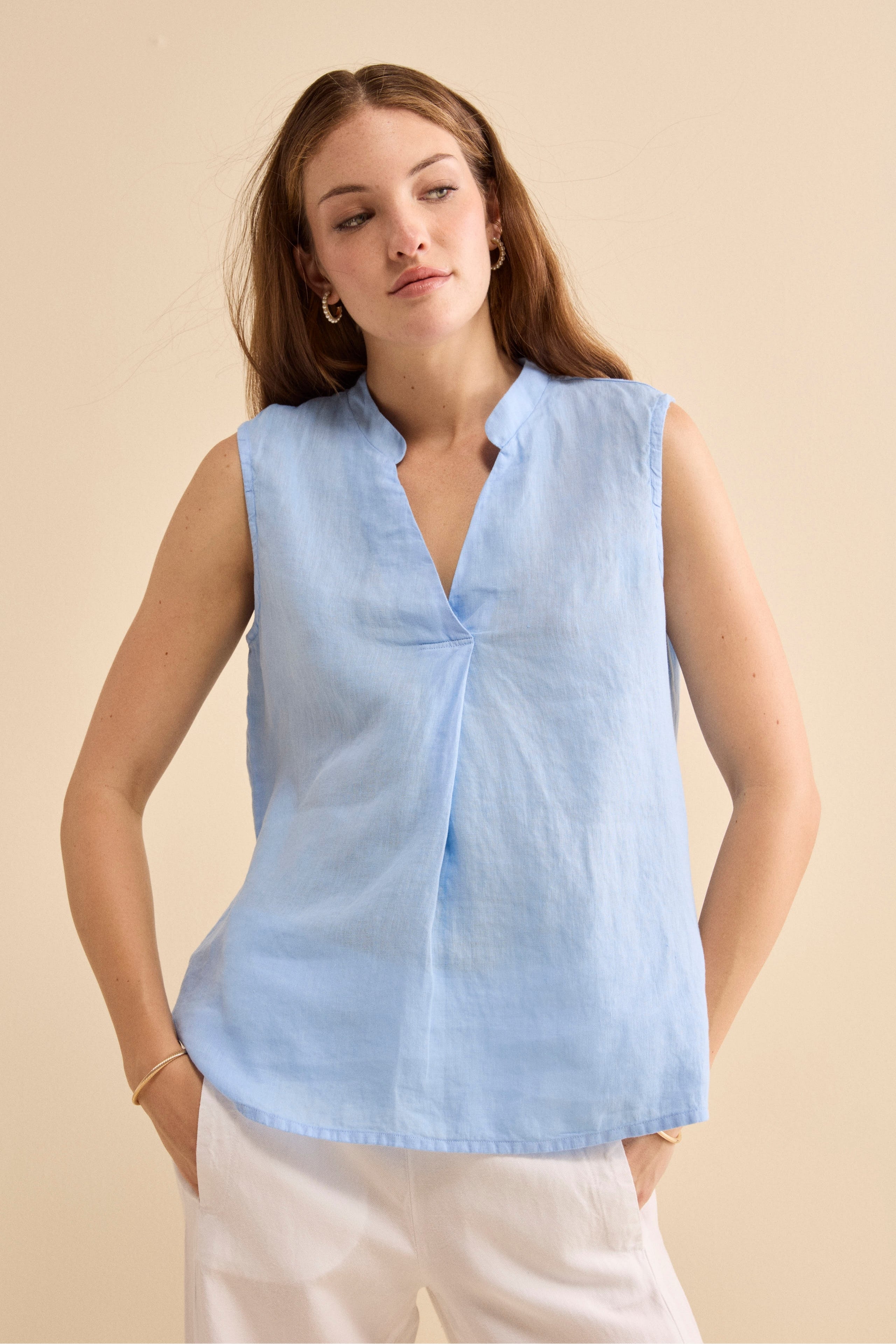 Top Incrociato in Lino con Scollo a V - AZZURRO