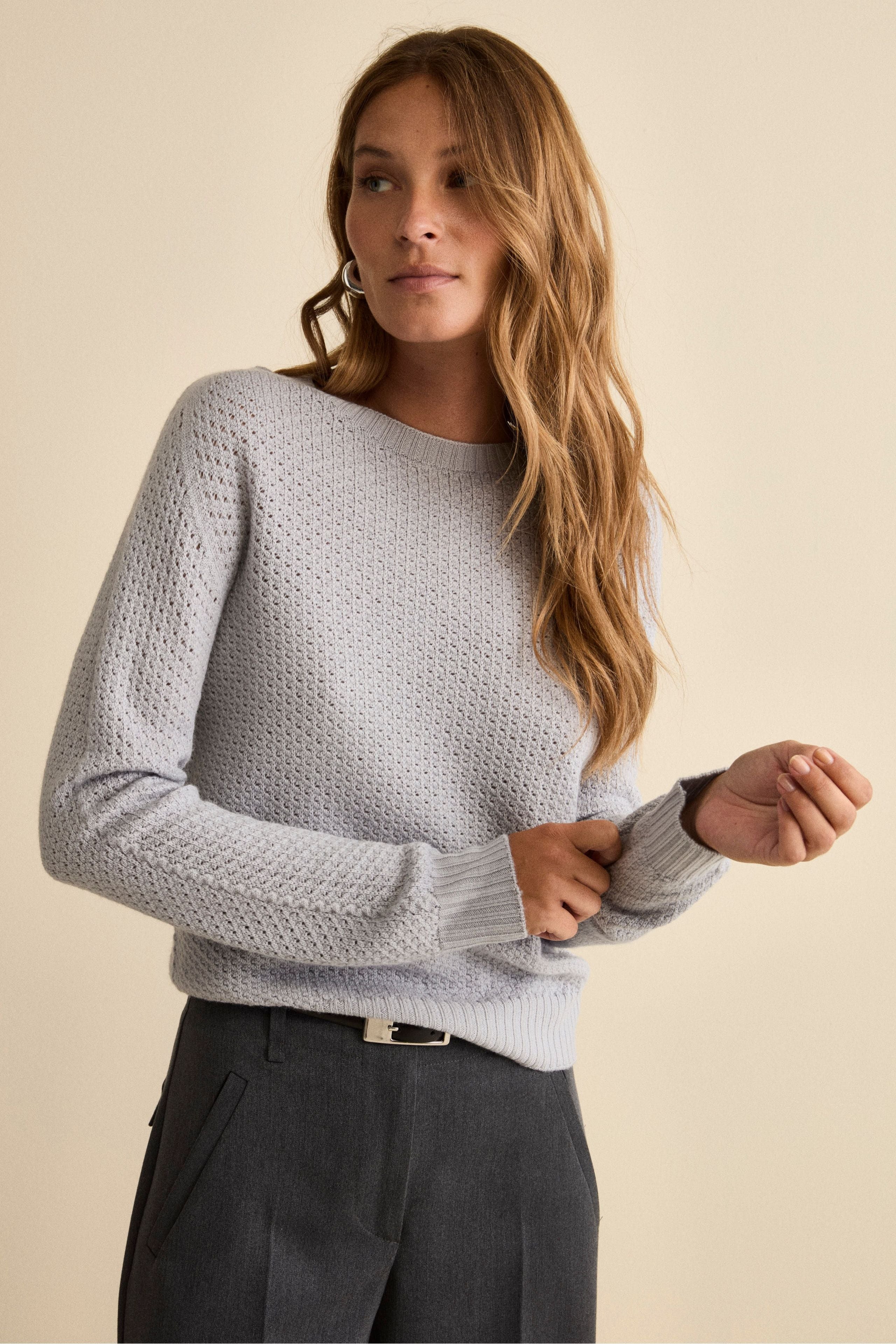 Openwork Merino Wool Crewneck Sweater - Light grey